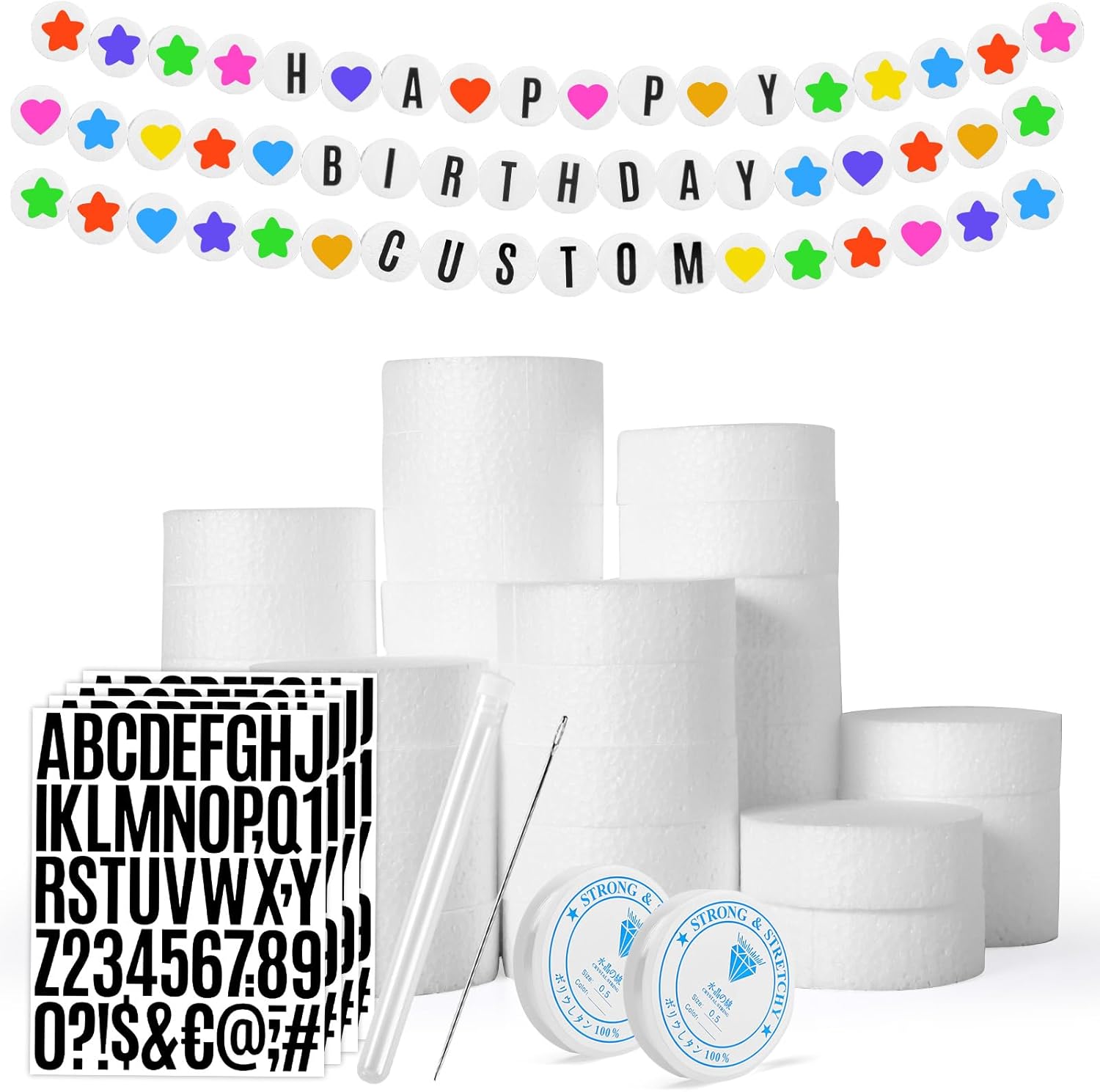 GOGOSO Foam Circles for Crafts DIY Project, Foam Discs Round Polystyrene Circles with Letter Stickers, Fishing Line, Needles for Friendship Bracelet Garland Birthday Banners Decoration, 3 Inch (36)