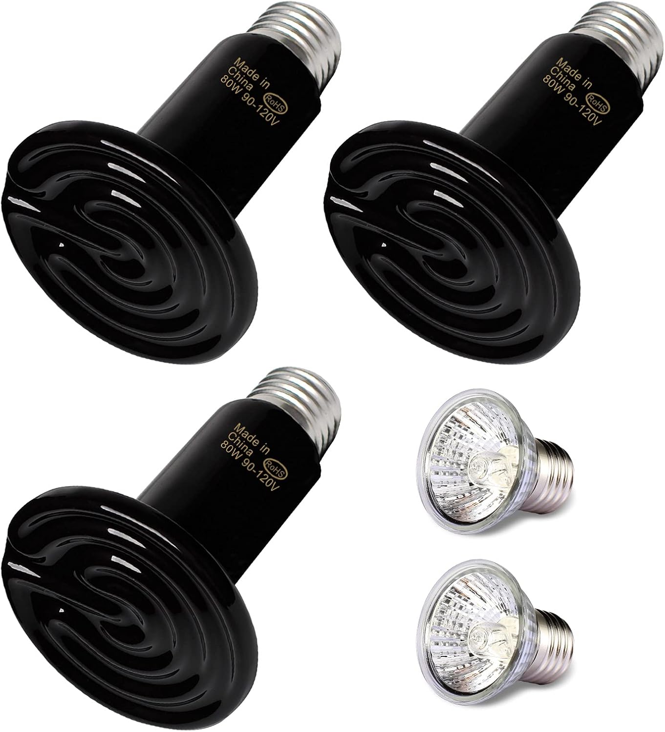 3 Pack 80W Ceramic Reptile Heat Lamp with 2 Pcs 50W UVA UVB Full Spectrum Sun Basking Spot Bulbs, Heat Emitter Bulb for Lizard, Brood…