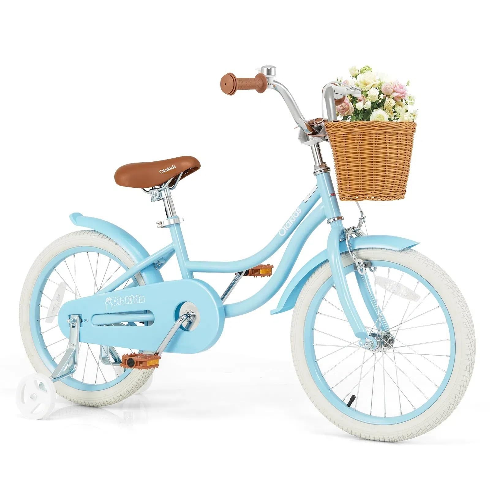 Olakids Kids Bike, 14 16 18 Inch Toddlers Bike with Training Wheels Rattan Basket Safety Bell Adjustable Seat and Handlebar, Children's Bicycle for Girls Boys Age 3-8