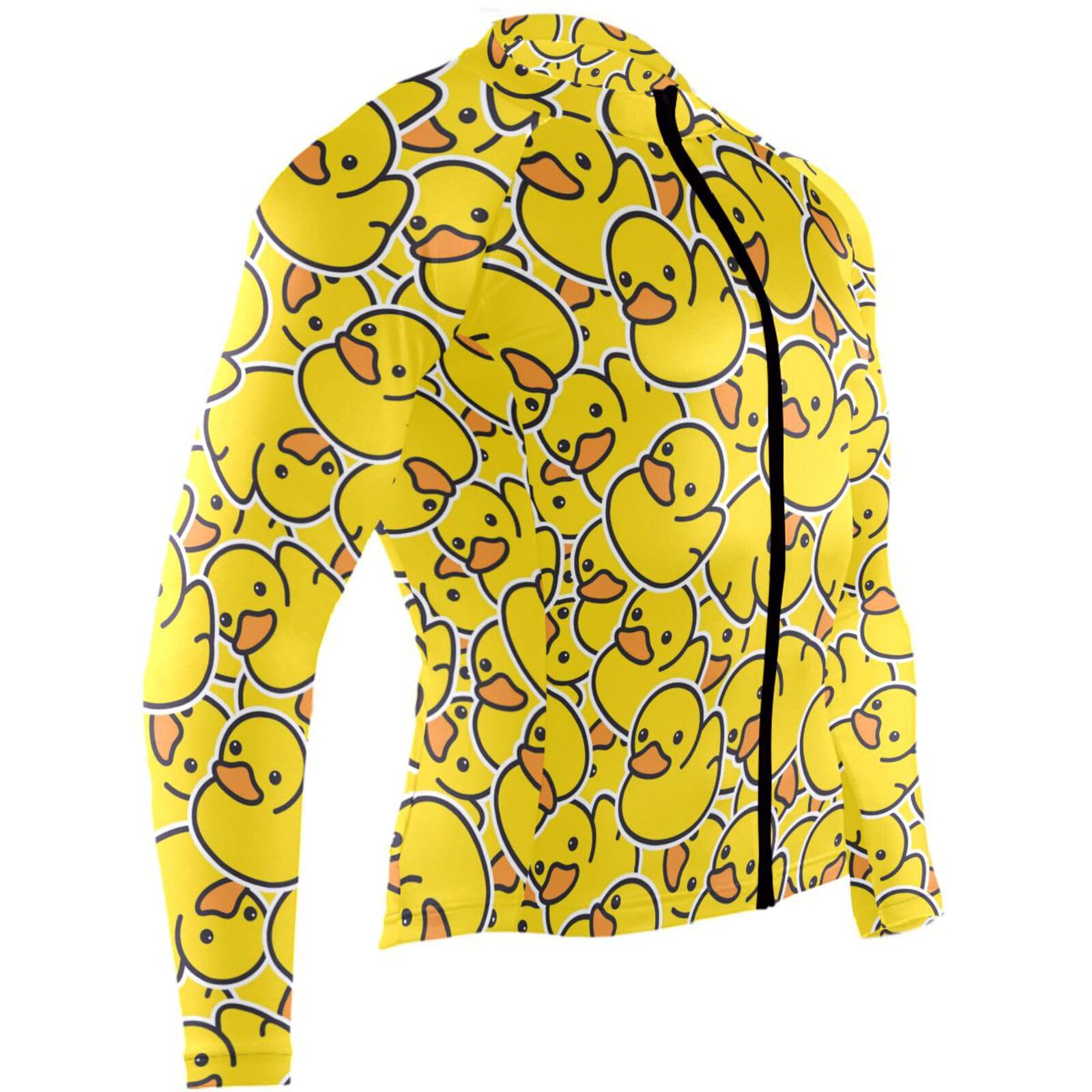 JHKKU Cute Little Yellow Duck Mens Cycling Jersey Full Zip Long Sleeve Pockets Tops Moisture Wicking, Breathable, Quick Dry Biking Shirt, X-Large