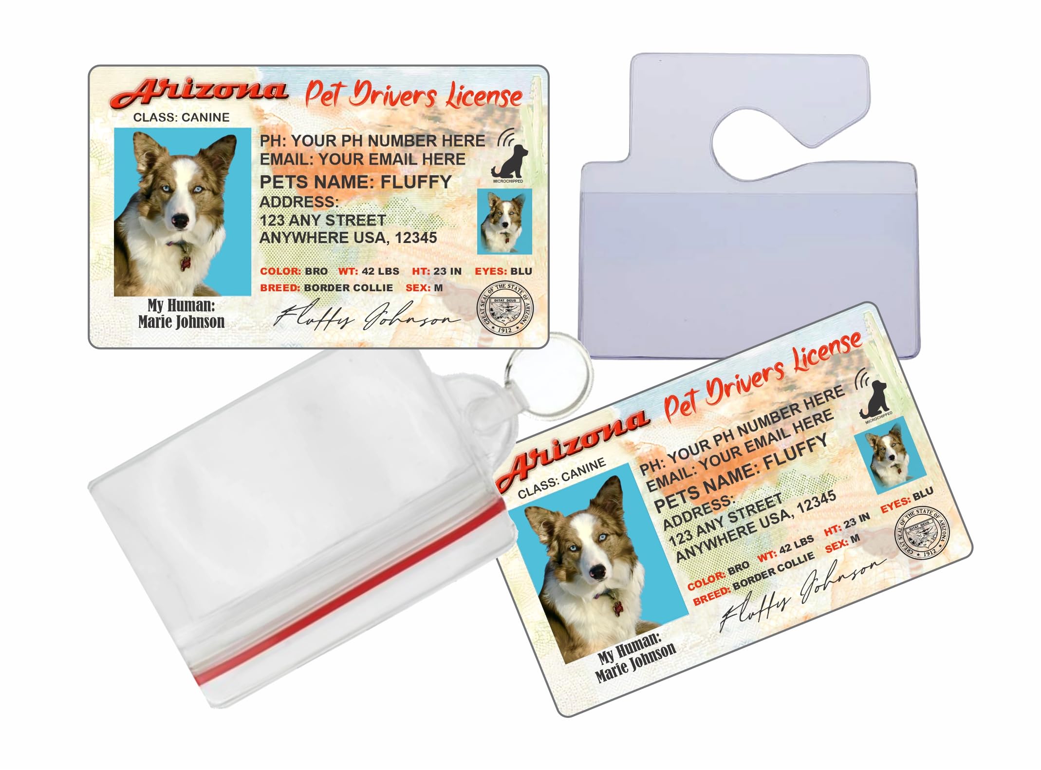 Arizona Pet Drivers License - x 2 Full Sized Cards - Pet Identification Tags - Personalized ID for Dogs, Cats or Any Pet - Accessories Included