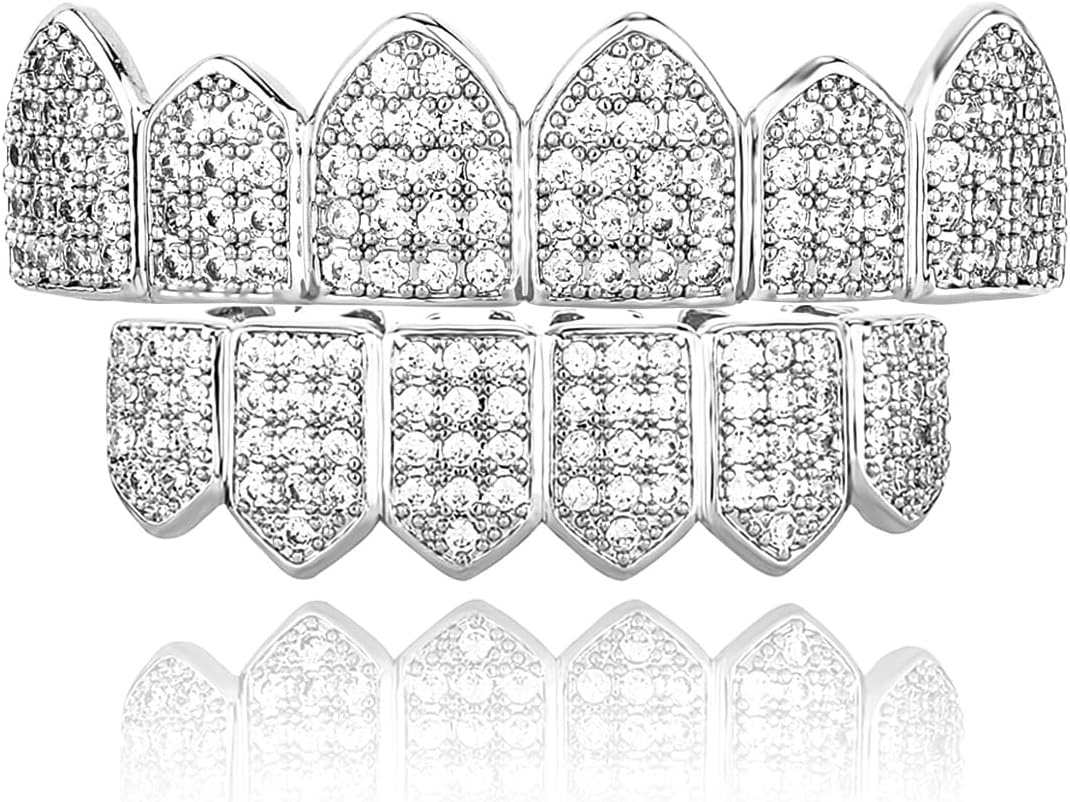 TOPGRILLZ Grillz Vampire Teeth - Grills for Your Teeth Grillz for Women Men 18K Gold-Plated Iced out CZ Fangs Hip Hop Rapper Costume Accessory Cosplay Extra Molding Bars