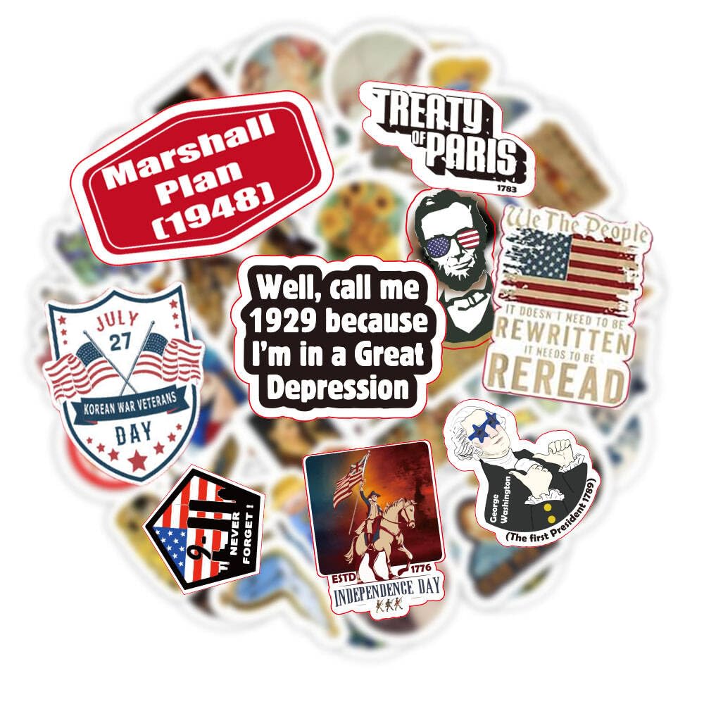 53 American History Stickers, Funny US History Nerd Gift, Vinyl USA History Decor for Students & Teachers, Bookish Stickers for Water Bottles & Laptop