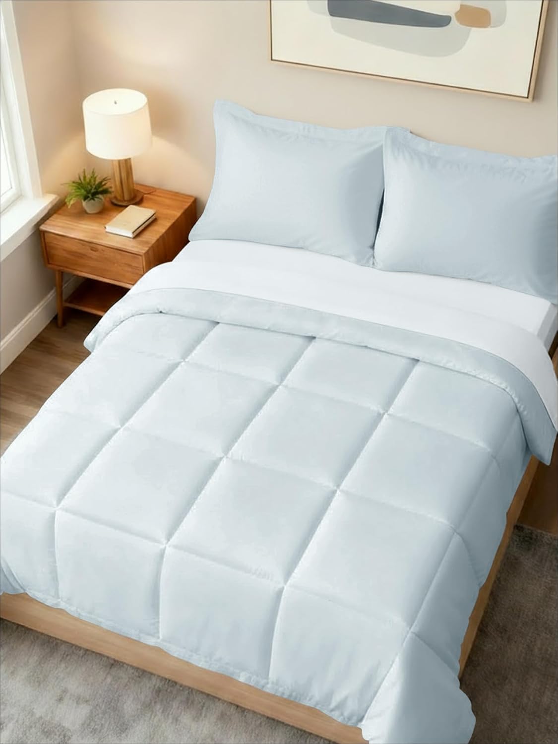 Queen Comforter Set - 3 Piece Bed Set for All Seasons - 1 Soft Quilted Comforter with Corner Tabs & 2 Pillow Shams - Comfy & Breathable - Premium Down Duvet Insert - Oeko-TEX - Queen Size, Ice Blue