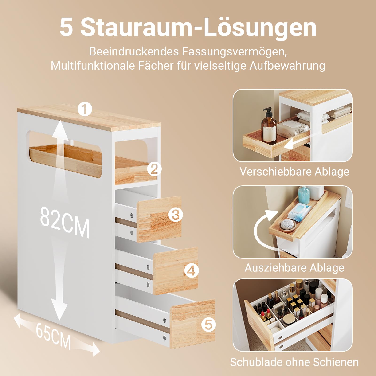 SoBuy Badezimmerschrank Schmal Badschrank mit 3 Schubladen Nischenschrank Holz für kleine Bäder WC & Küche Toilettenschrank Beistellschrank, Weiß Natur 65x23x82cmcm BZR54-III-WN