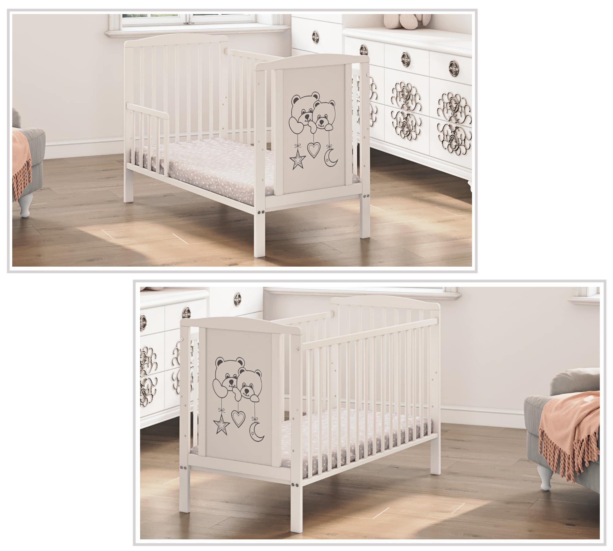Generisch Babybett mit Matratze 60x120 cm – Gitterbett – Modell Zwei Bären – Weiß – Umbaubar zum Kinderbett – 3-Fach höhenverstellbar – herausnehmbare Sprossen