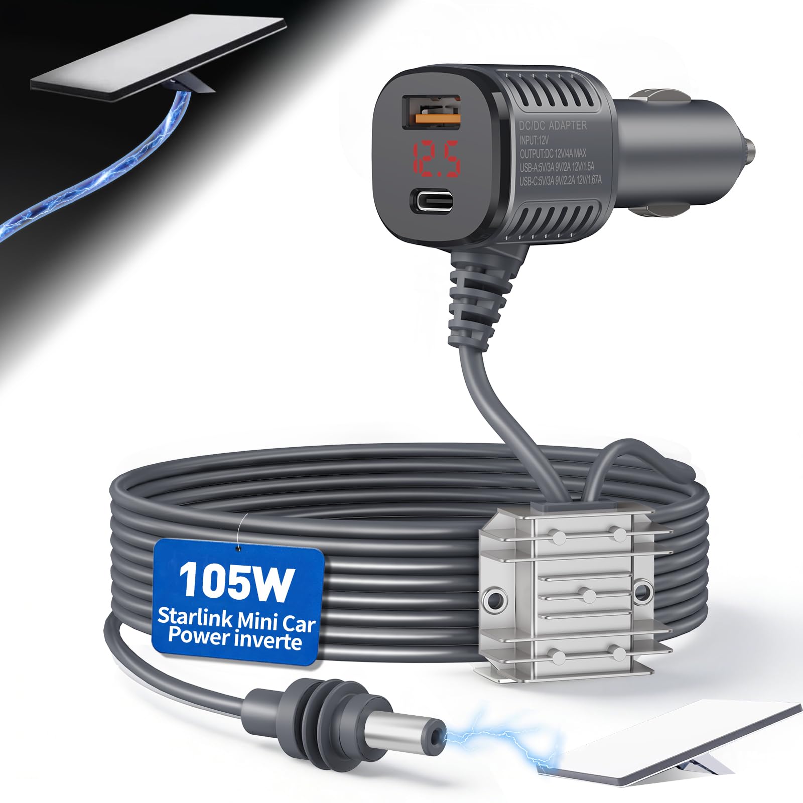 Photo 1 of 105W Boost Starlink Mini Car Adapter—Stops Reboots & Power Supply Damaged Starlink Mini Cable+Cigarette Lighter Adapter 12V-24V with Digital Display DC Power Cable for Car, Rvs, and Boats (9.8FT)