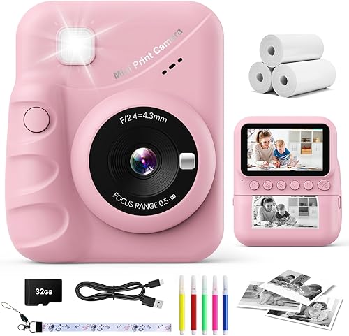 Cámara de impresión instantánea para niños, pantalla de 3.0 pulgadas, foto de 48 MP, 1080P HD, regalo para niñas y niños de 3 a 12 años (rosa) con