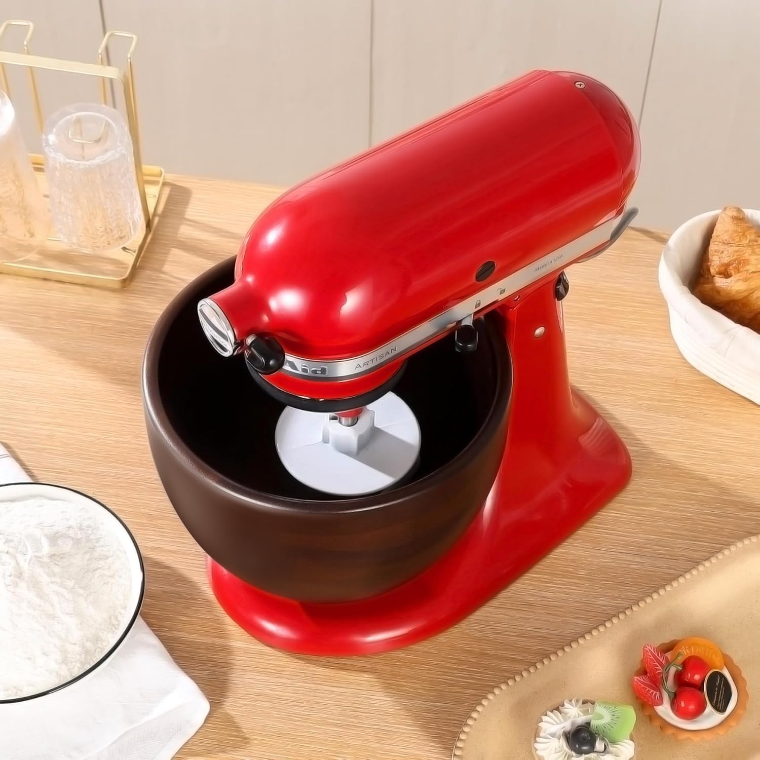 ULTICOR Premium Walnut Wood Mixing Bowl Compatible with KitchenAid 4.5 & 5 QT Tilt-Head Models – Natural True Walnut Wooden Bowl with Stainless Steel Locking Base | 5QT