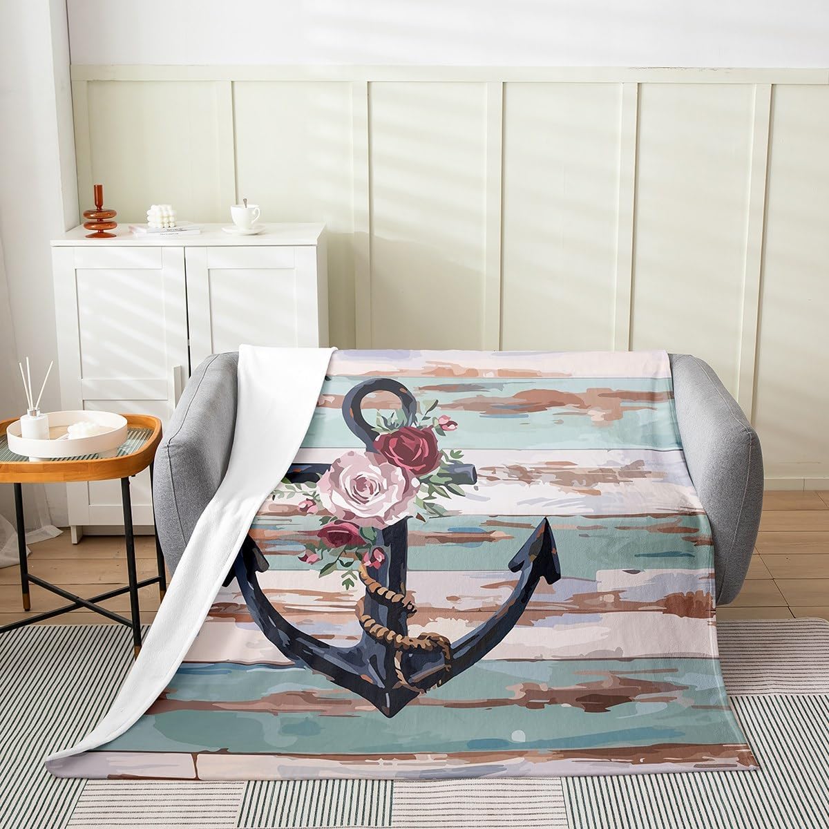 Feelyou Anchor Fuzzy Blanket Set Rose Anchor Flannel Fleece Throw Blanket for Sofa Couch Kids Wooden Rustic Sea Adventure Twin 60"x80"