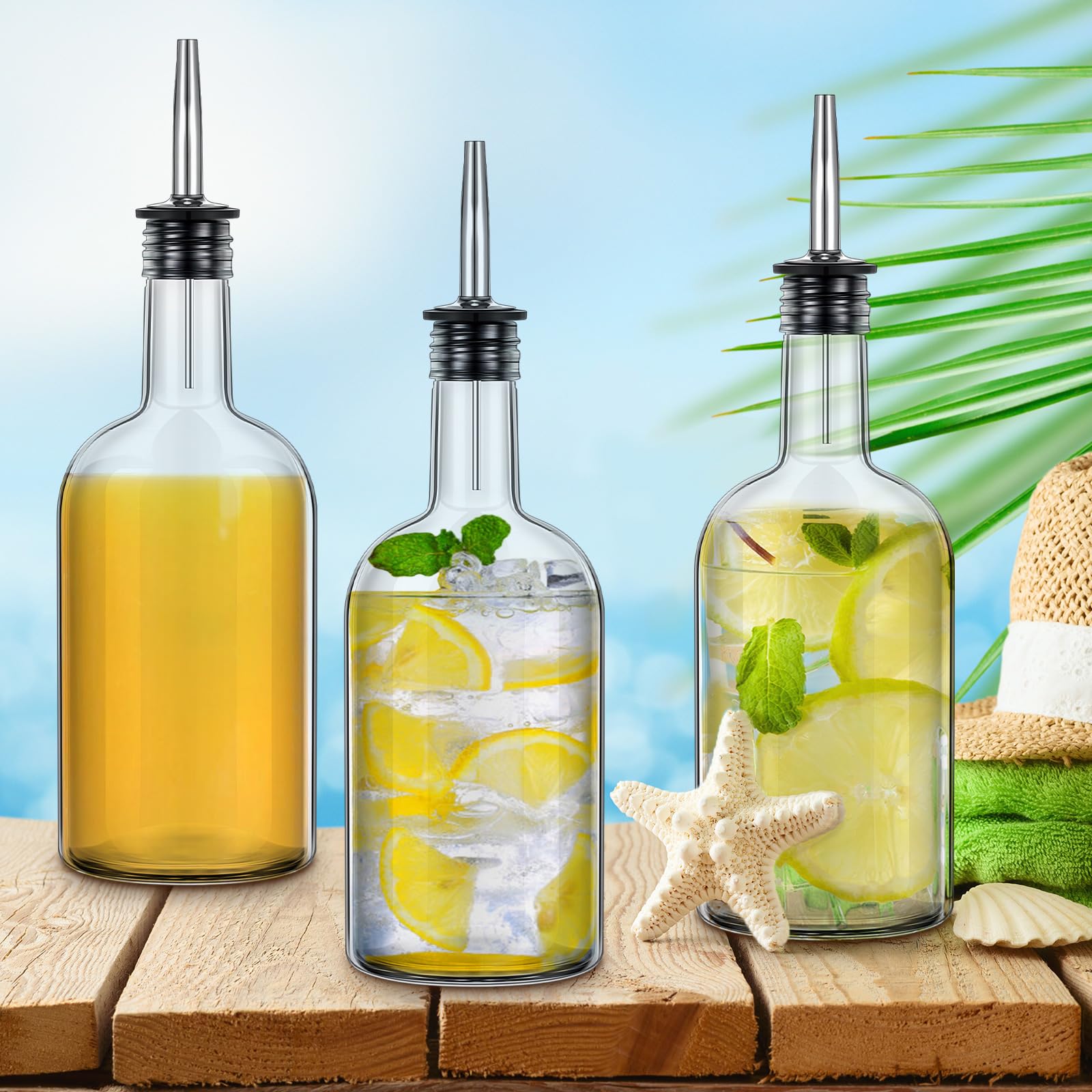 4 botellas de vidrio de cuello largo de 17 onzas para verter botellas de licor, botella de jarabe de jugo de barra con vertedor y tapas, vertedor con boquilla cónica para licor, vino, jugo de 6