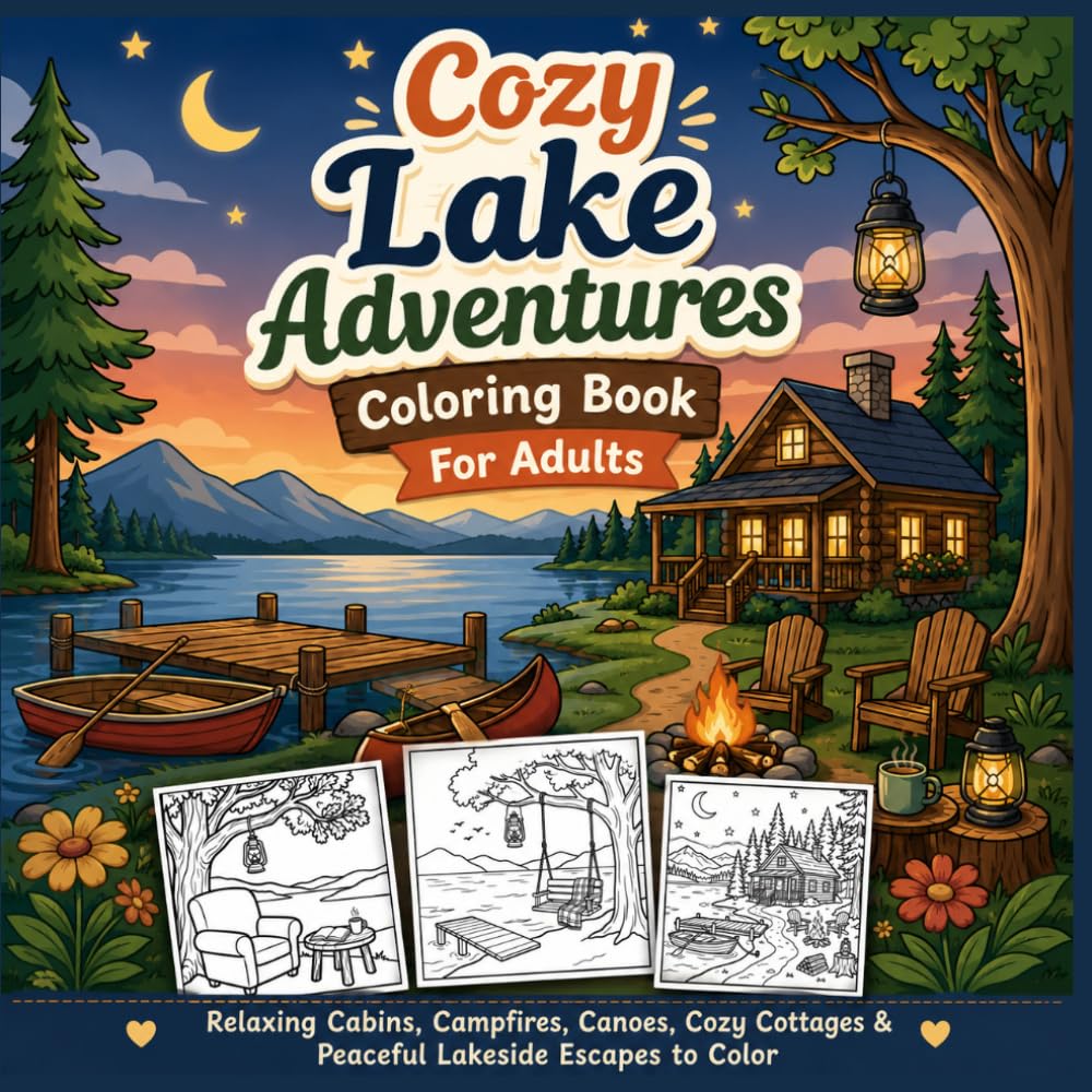 Cozy Lake Adventures Coloring Book For Adults: Relaxing Cabins, Campfires, Canoes, Cozy Cottages & Peaceful Lakeside Escapes to Color