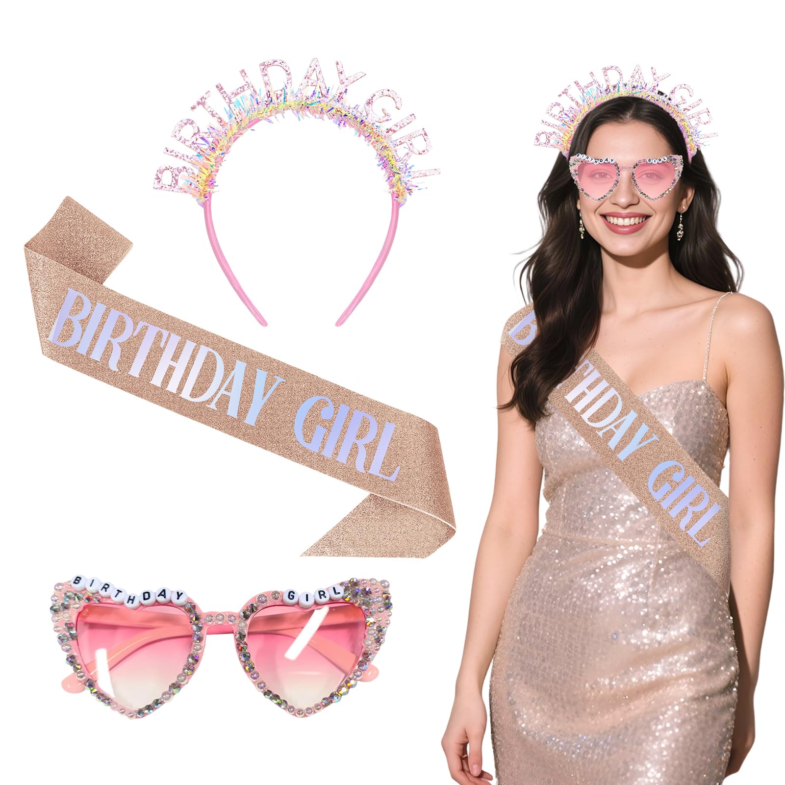 Moerstar Birthday Girl Sash and Tiara Glasses Set, 3Pcs Rose Gold Glitter Sash Pink Birthday Girl Headband and Glasses for Party Decorations Accessories Gifts (Birthday Girl)