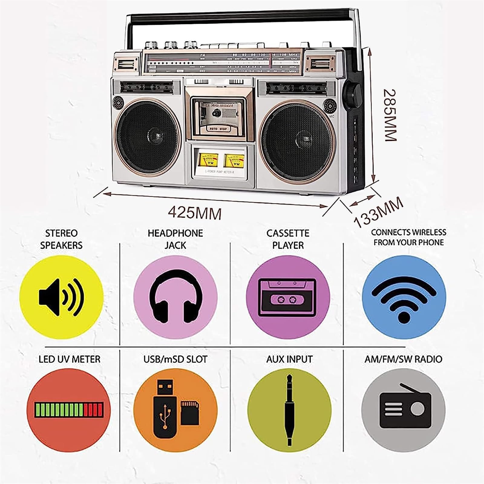 Boombox Bluetooth rétro des années 80, Lecteur de Cassette Boombox Bluetooth rétro avec Radio AM/FM et Amplification des Basses, Haut-Parleur intégré, Prise Casque 3,5 mm, Prise en Charge de l'entrée