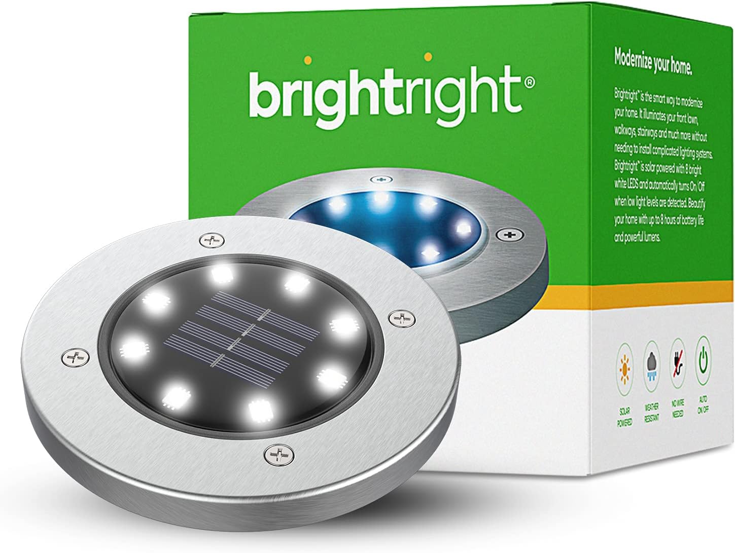 BRIGHTRIGHT - Outdoor Solar Disk Lights - 8 LEDs - Waterproof Landscape Lighting - Yard, Garden, Patio, Lawn, Deck, Pathway, Driveway - Dusk to Dawn - White (4 Pack)