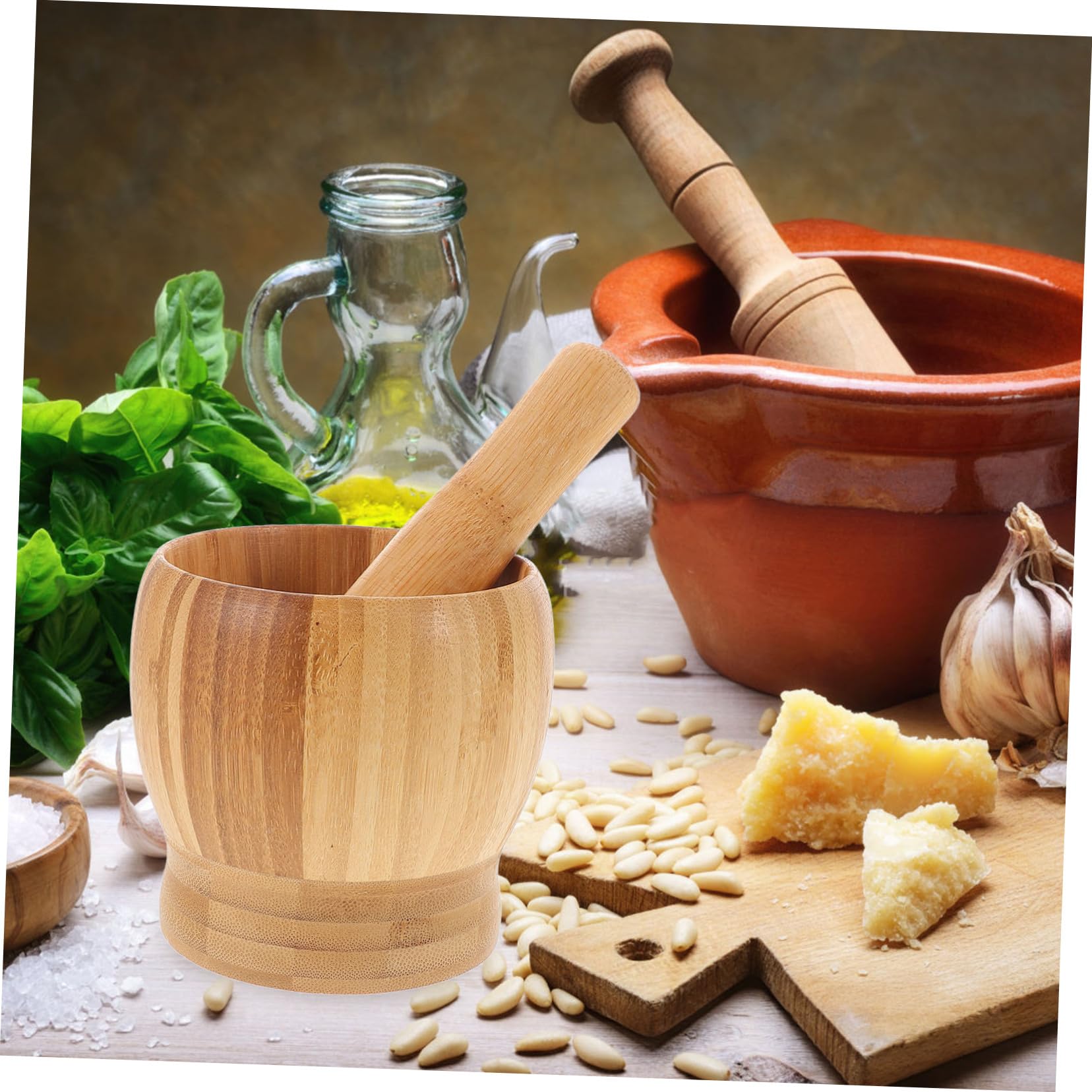 COLLBATH 1Set Wooden Garlic Crusher Set Garlic Crush Pot Kit with Ergonomic Pestle Kitchen Garlic Grinding Jar for Easy Pounding and Mincing Random Style