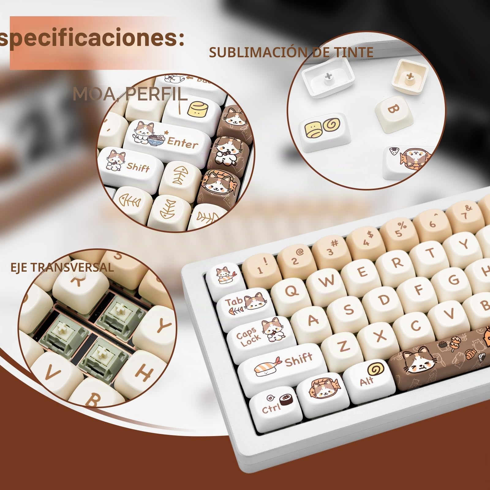 142 Teclas Lindas Teclas de Perfil Moa, Teclas PBT, Teclas Personalizadas Gatos, Teclas Blancas 60 por ciento Lindas Teclas para Teclado Mecánico