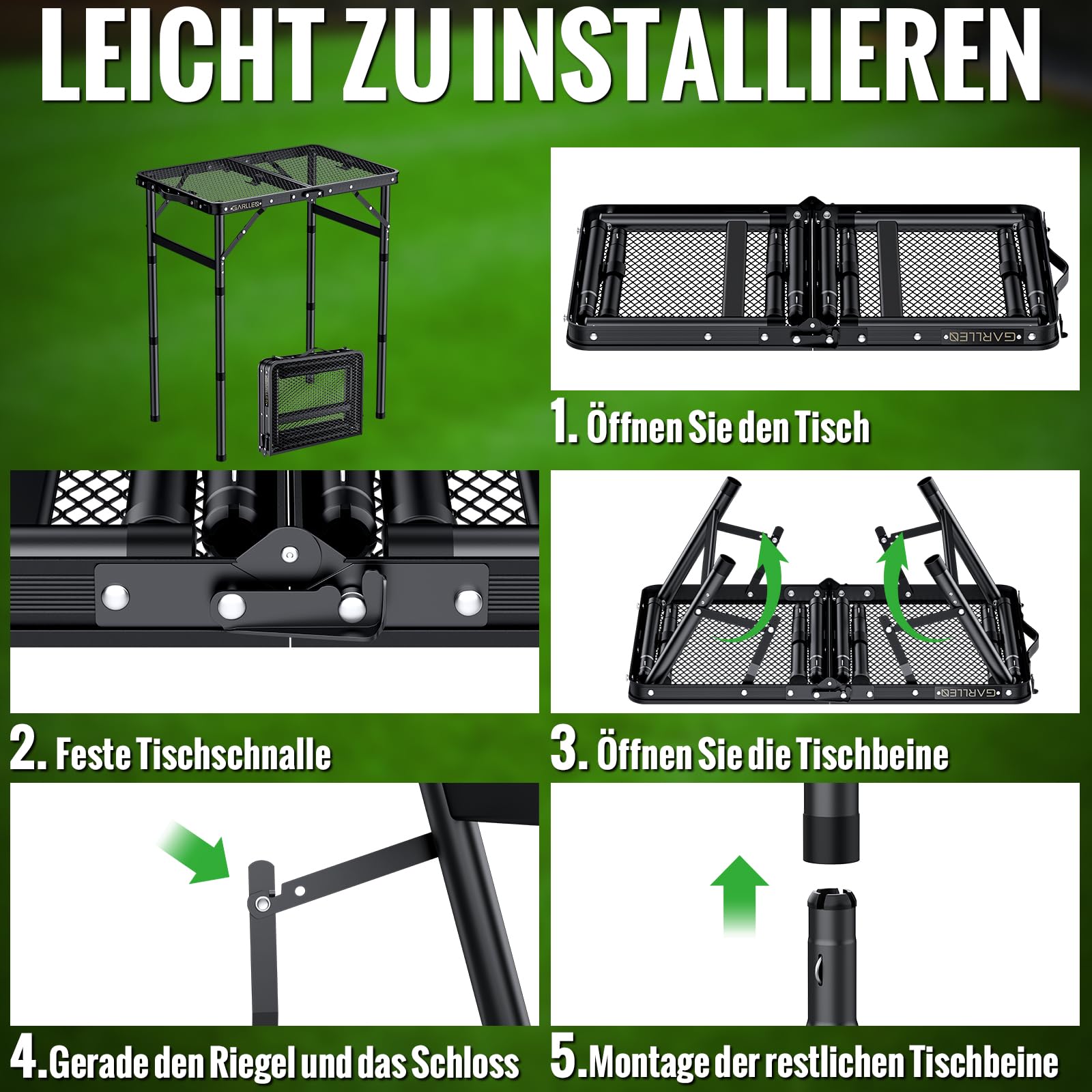 GARLLEN Grilltisch klappbar, 58x40cm & 3 Höhenverstellbar(26/48/70cm), Leicht und Tragbar, Klapptisch Campingtisch Beistelltisch Gartentisch Picknicktisch Kleiner Grill Tisch für Camping(2-Fach)