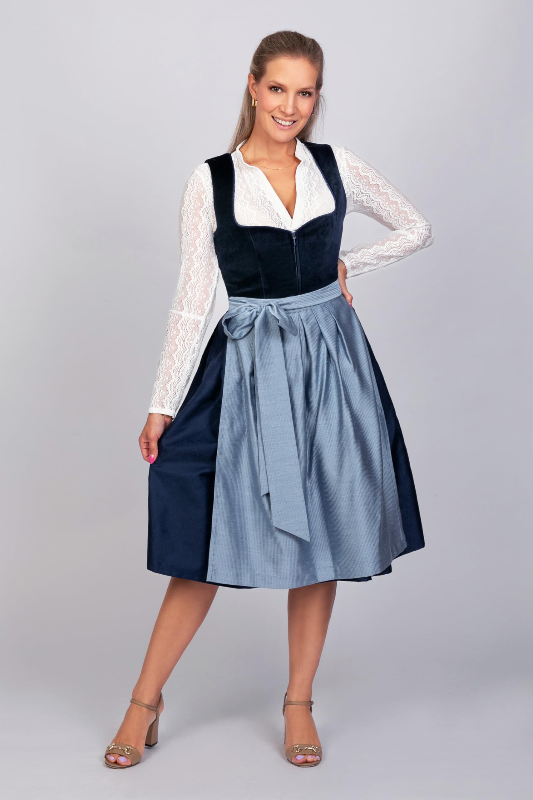 Edelnice Trachtenmode Exklusives Designer Midi Dirndl Luna Samt blau inkl. Dirndlschürze