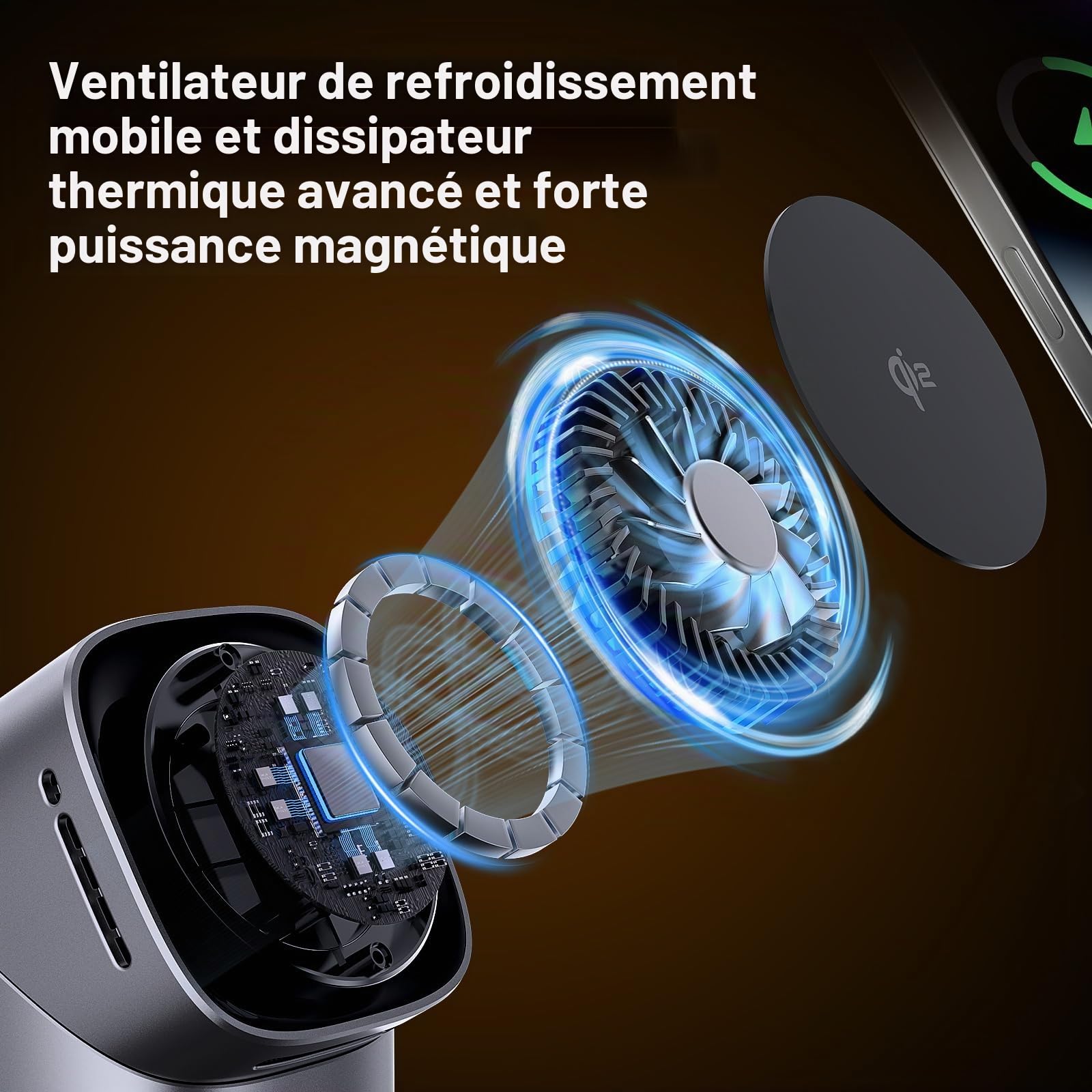 Station de Charge à Induction 3-en-1 QI2, Charge sans Fil, Prend en Charge la Charge Rapide, Support de téléphone Compatible avec iPhone, AirPods, iWatch, avec Ventilateur de Refroidissement Argent