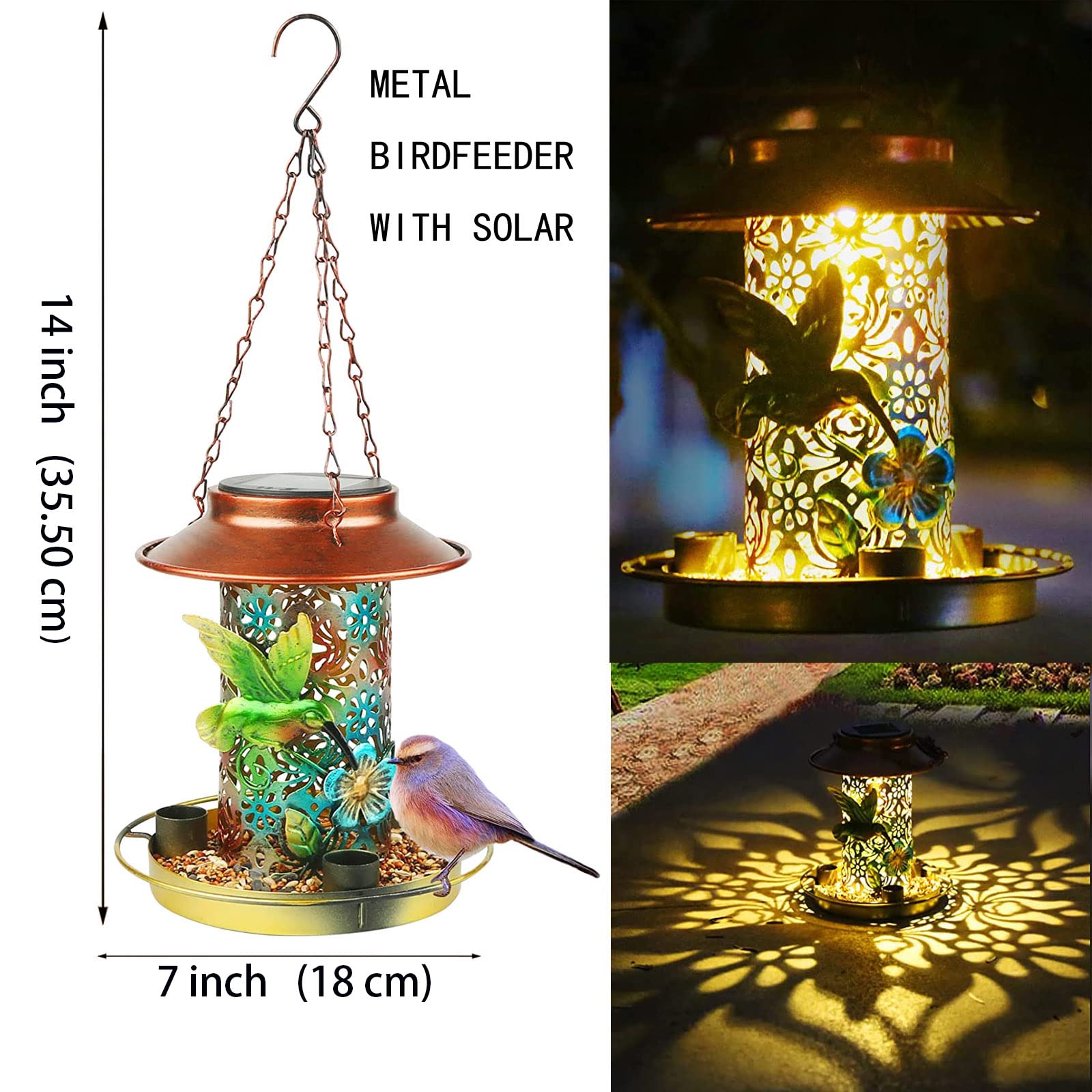 Mangiatoia solare per uccelli per esterni, in metallo resistente, da appendere, con luce per giardino, cortile, esterno, regalo decorativo a forma di lanterna unica