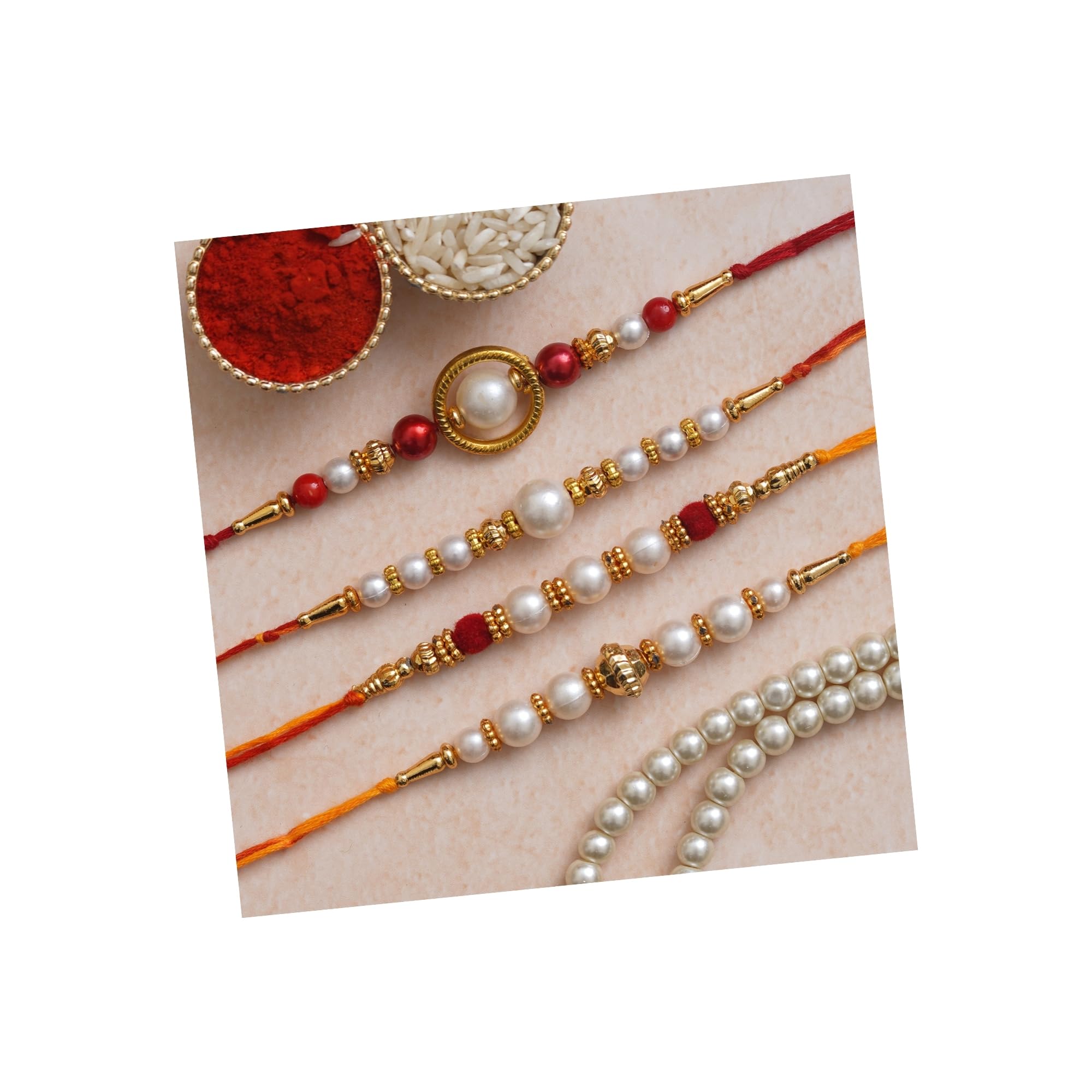 eCraftIndia Set of 4 Red, Golden White Pearls Rakhis with Roli Pack - Rakhi for Brother, Bhaiya, Bhai (B0C6PVGLLP) Amazon Price History, Amazon Price Tracker