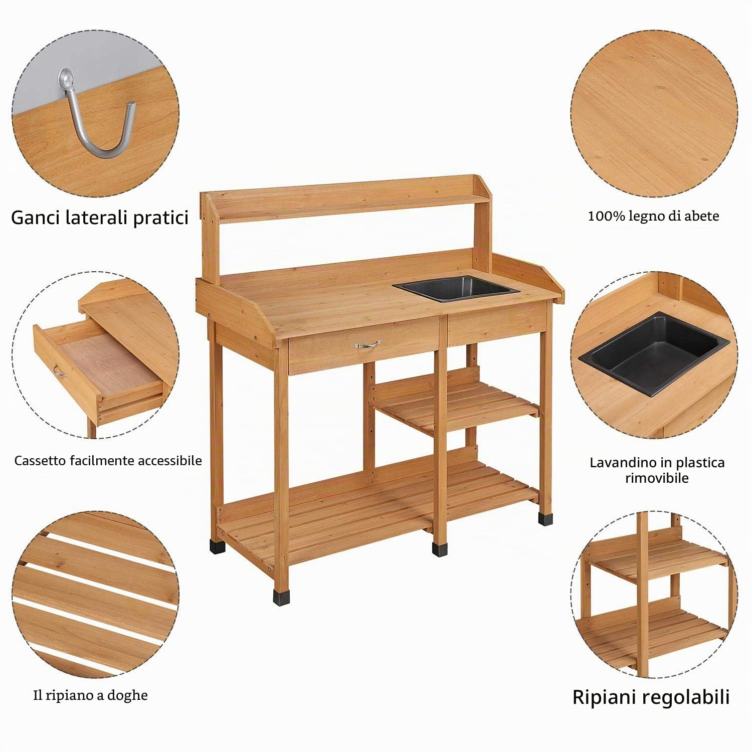 Yaheetech Tavolo Lavoro da Giardino per Piante in Legno con Lavandino Rimovibile Cassetto Spazioso Ganci Armadietto 114,8 x 45 x 121 cm Marrone