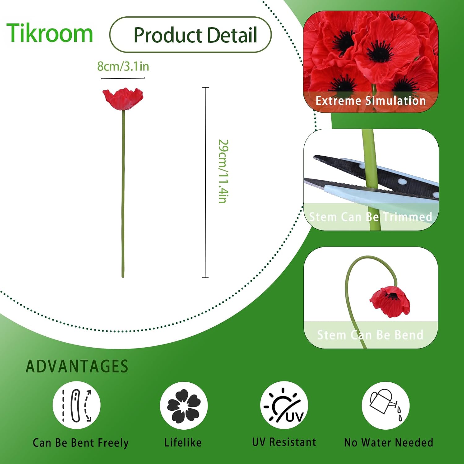 30Pcs Red Poppy Artificial Flowers 11" Real Touch No Fade PU Fake Flowers for Valentine's Day Gifts Wedding Centerpieces Bridal Bouquets Home Decor Vase DIY Arrangements Memorial/Veterans Day