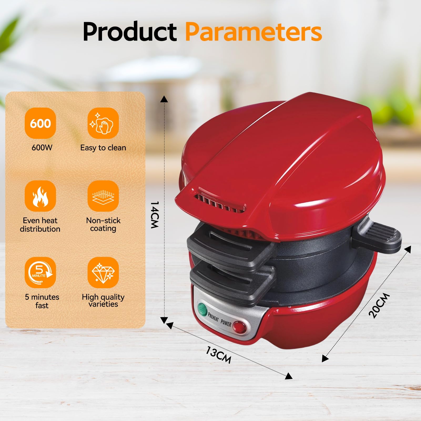 Elektrischer Sandwichtoaster Burger Maker, Muffin Maker & Gegrillter Sandwichmaker, Mit OmelettRing, Kochplatten Mit Nicht-Stick, Perfekt Für Hamburger, Snacks, Schnelles Frühstück (Rot)
