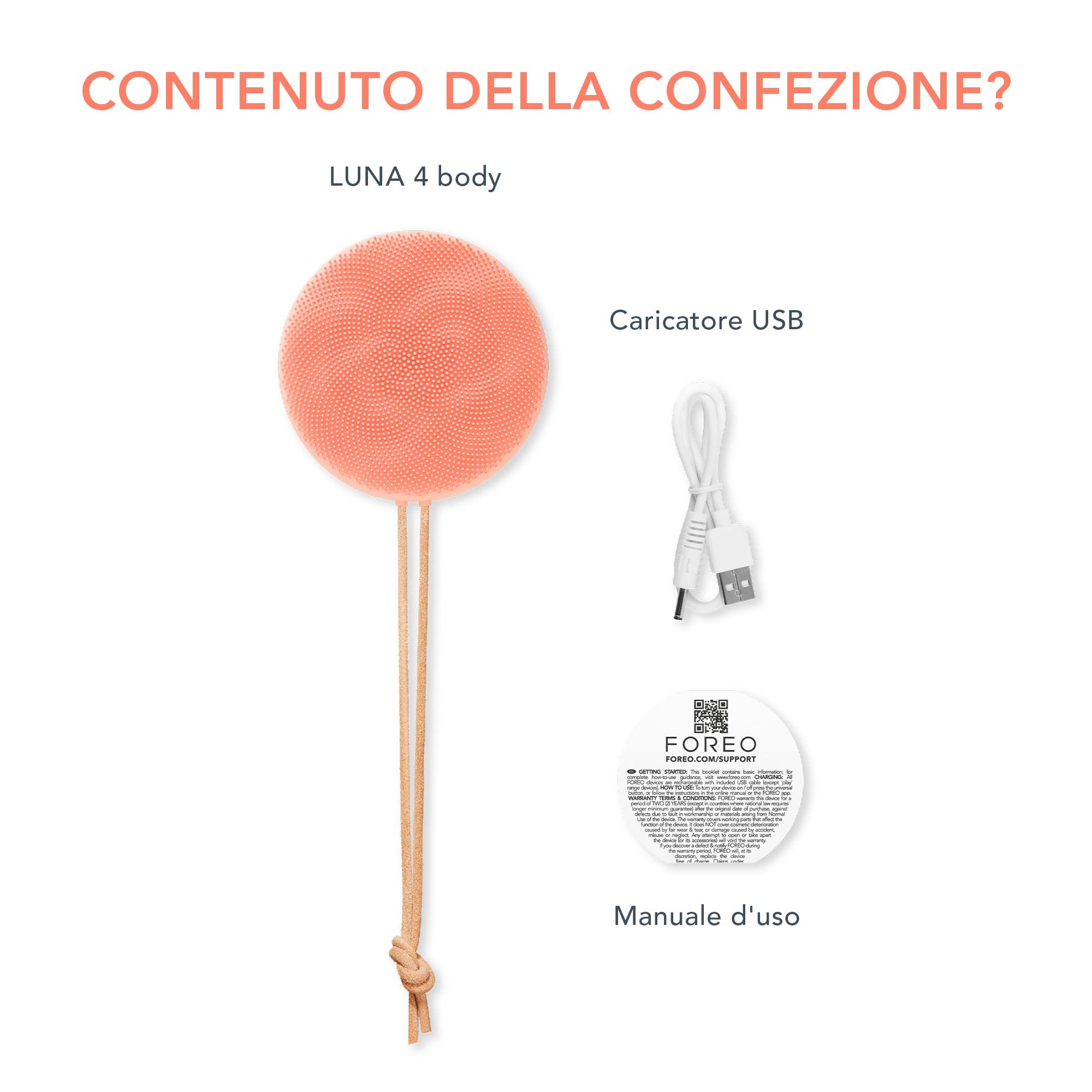 FOREO LUNA 4 body, spazzola corpo massaggiante, Dispositivo detergente ed esfoliante corpo, Scrub corpo per peli incarniti, Trattamento per linfodrenaggio, Ricaricabile con USB, Peach Perfect | Spazzola Corpo, Scrubber, Spazzola Esfoliante, Drenaggio Linf