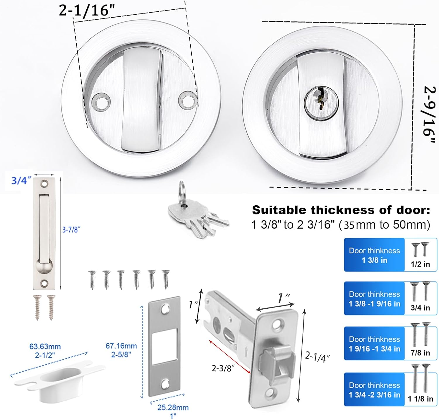 Dontay Pocket Door Keyed Lock with Handles, Round Contemporary Entrance Sliding Barn Door Lock Latch, Recessed 2 Sided, 2-3/8 inch Backset, Flush Handles Hardware (2, Brushed Nickel)