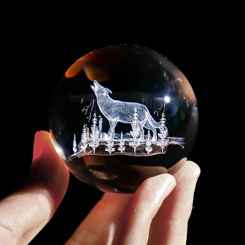 HDCRYSTALGIFTS Bola de cristal de lobo de 2.362 in con soporte 3D grabado láser esfera de vidrio decorativo pisapapeles (transparente)