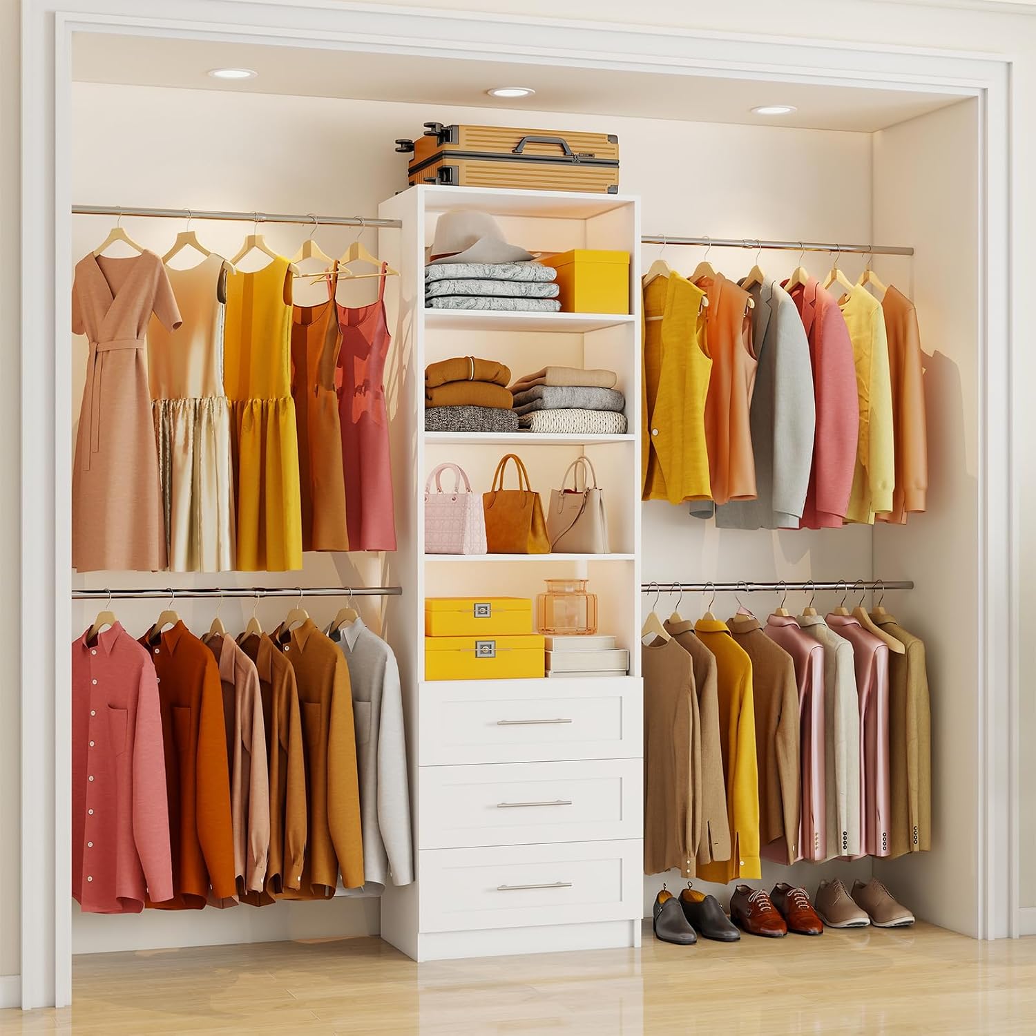 Closet System with Drawers, 4-9FT Closet Organizer System with 4 Expandable Hanging Rods & Adjustable Shelves for Walk in Closet, 96” Built in Closet System Tower, Small Closet Storage System, White