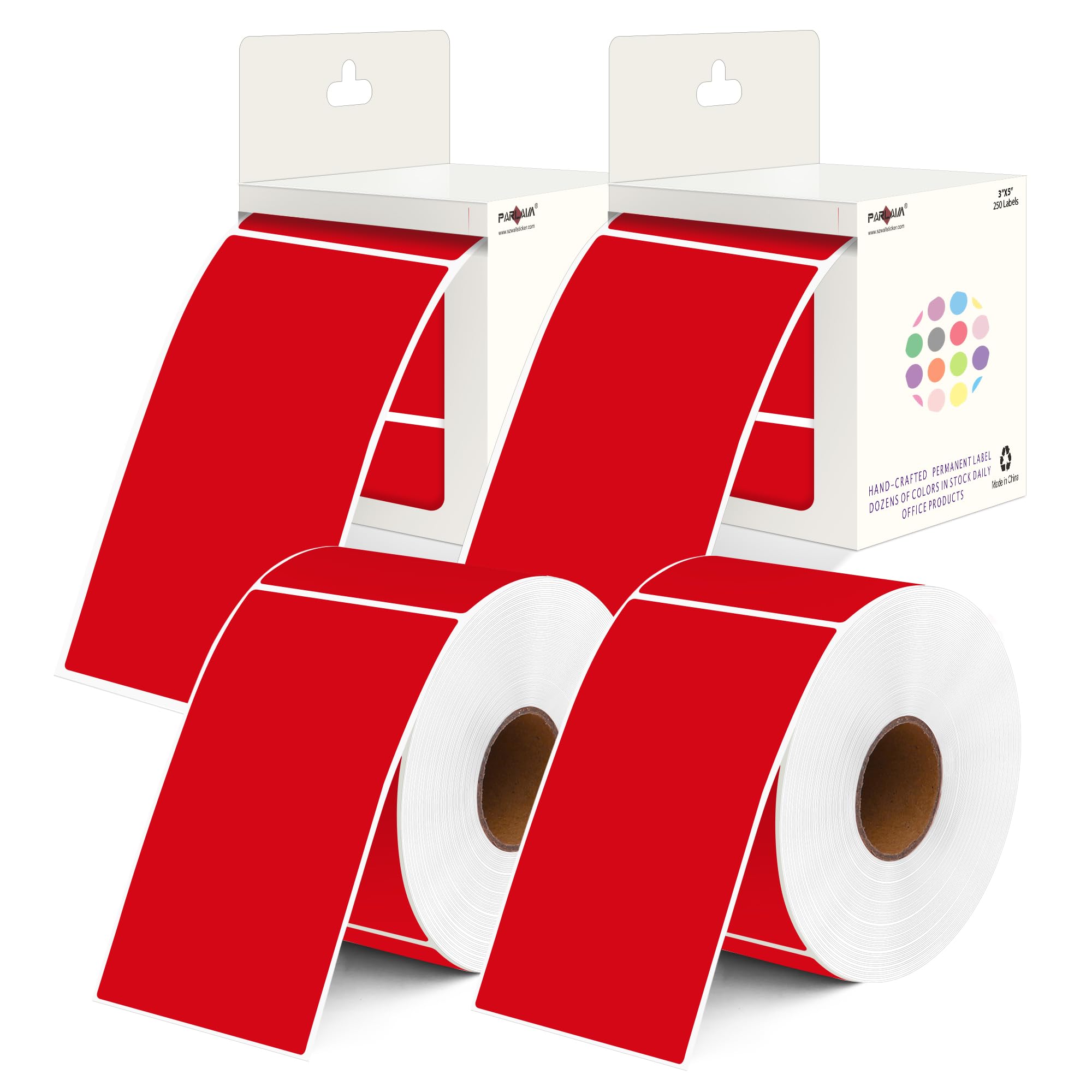 PARLAIM 3x5 inch Rectangle Color Code Stickers, 1000PCS 4 Rolls Square Adhesive Inventory Label, Red