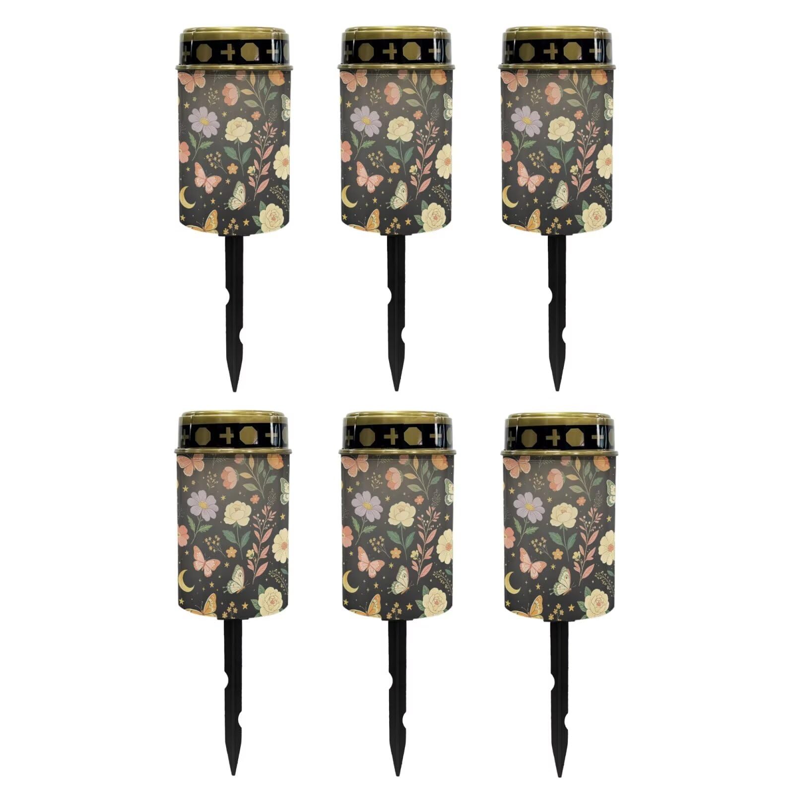 Poceacles Solar Pathway Lights Outdoor Grave Solar Lights Outside Waterproof Cemetery Flameless Candles Outdoor Grave Candle Markers Eternal Decor, Butterfly Floral Print Black, Pack of 6