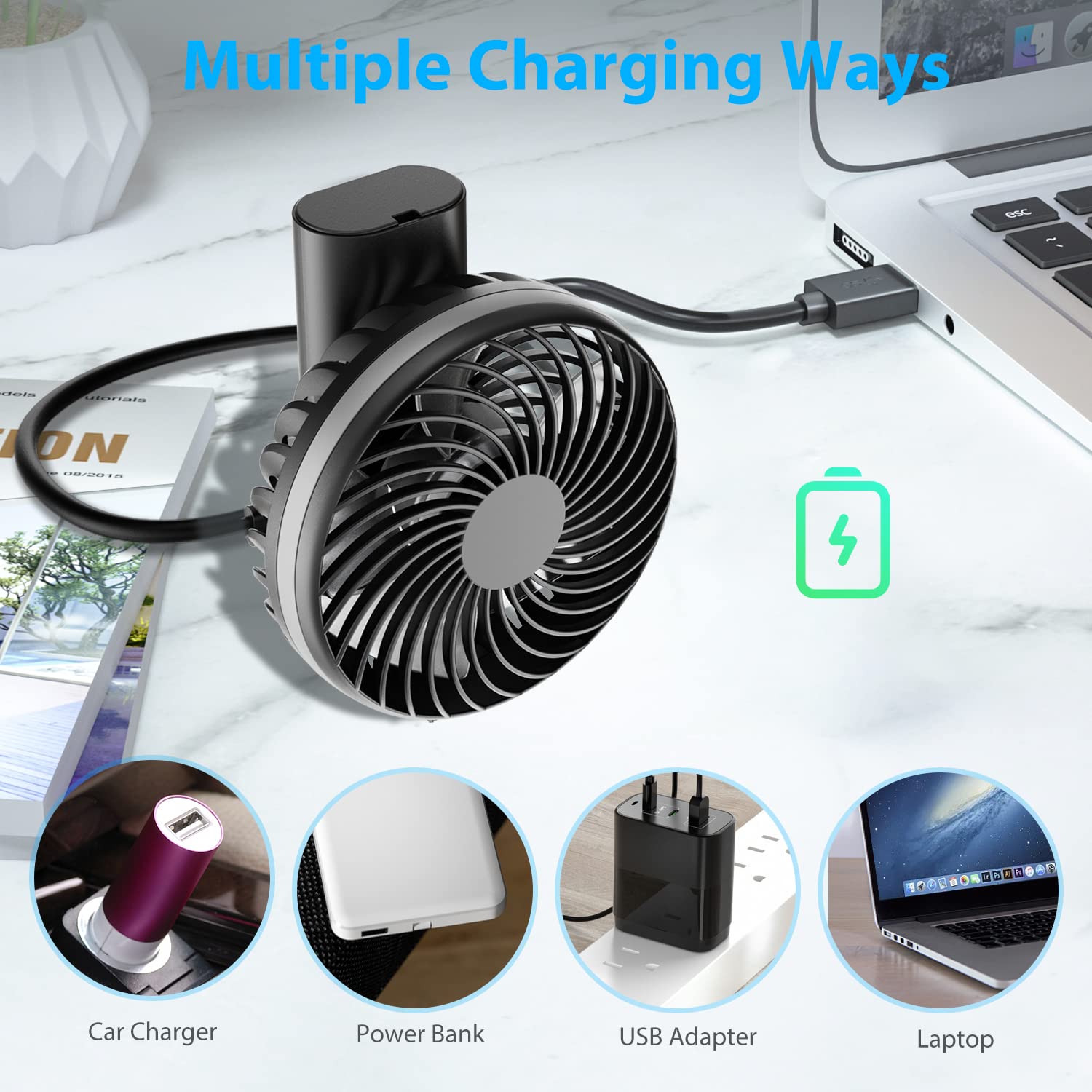 Ventilateur portatif - petit ventilateur portatif 5 vitesses avec base - mini ventilateur USB portable - pour bureau et extérieur - Bleu | Leroy Merlin