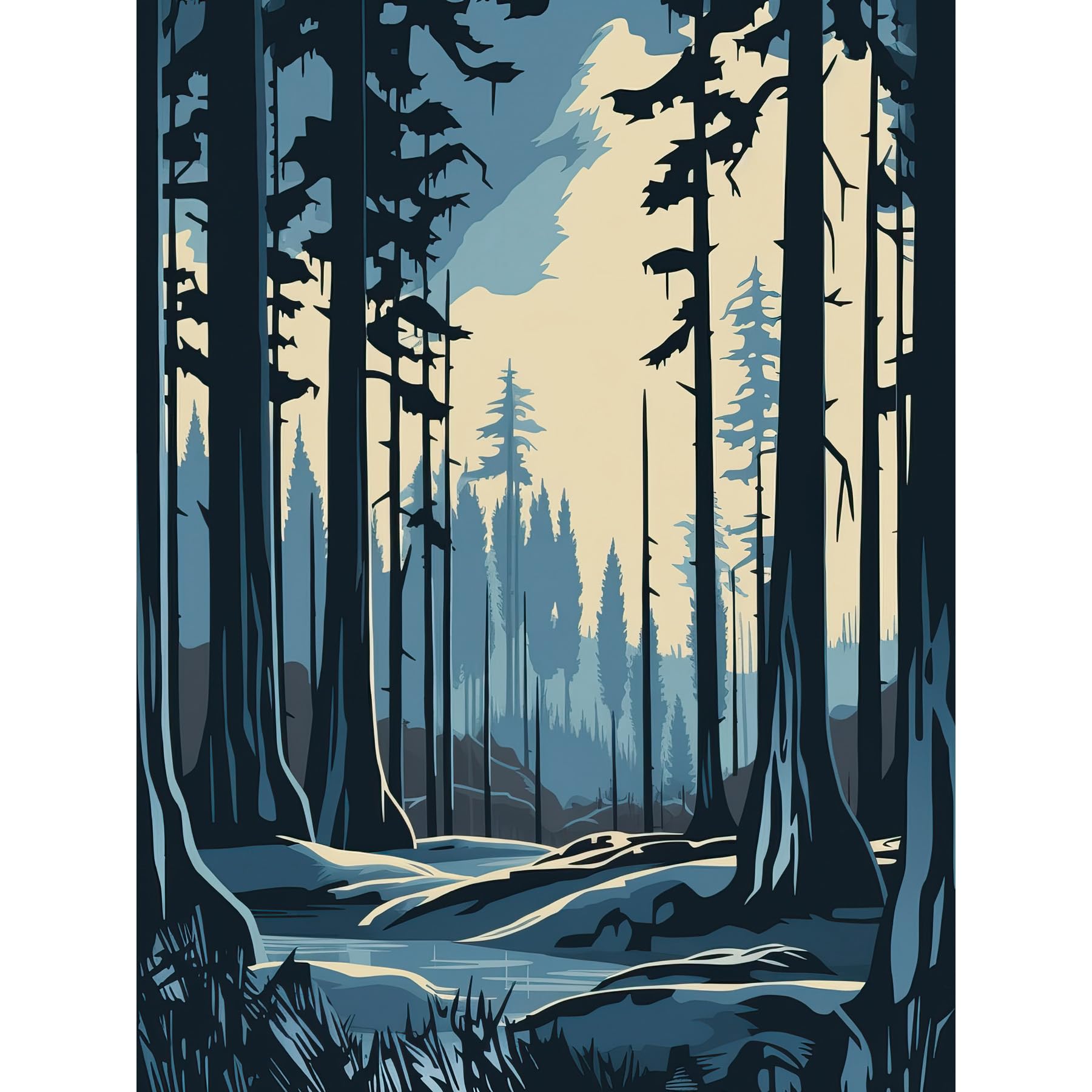 Artery8 Taiga Boreal Forest Winter Landscape Illustration Large Wall Art Poster Print Thick Paper 18X24 Inch