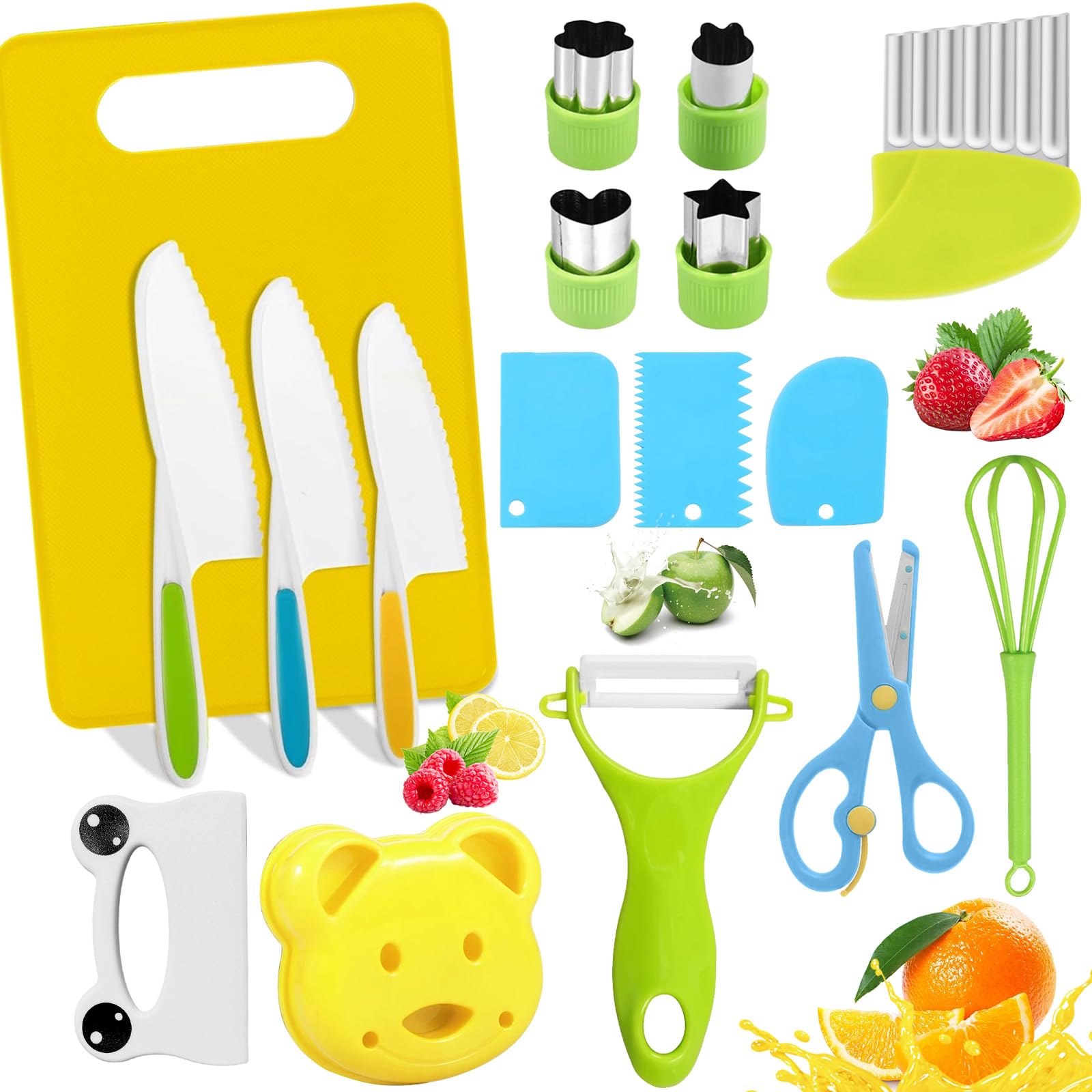 17 Pieces Cooking Set with Cutting Board and Crinkle Cutter Y-Peeler, Safe Kitchen Tools, Plastic Fruit Vegetable Cutters, Mini Chef Plastic Chopping Blade for Parent-Child Activities, Birthday Party