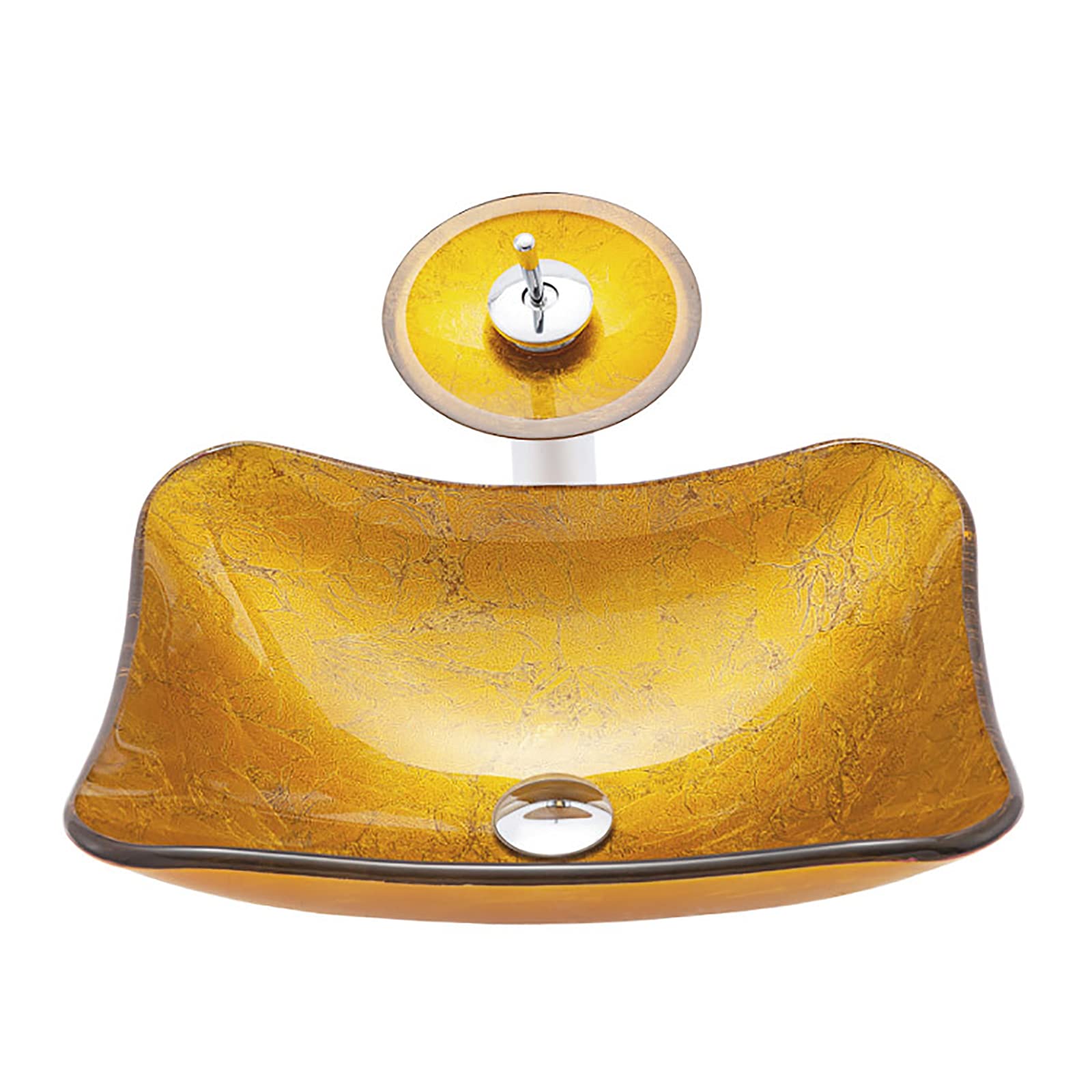 SBCGFY Vessel Sinks, Bathroom Vessel Sink Goud Glass Vessel Sink Artistic Vessel Bowl Sink Countertop Vanity Vessel Sink With Pop Up Drain Combo Waterfall Faucet,Rectangular-One Size