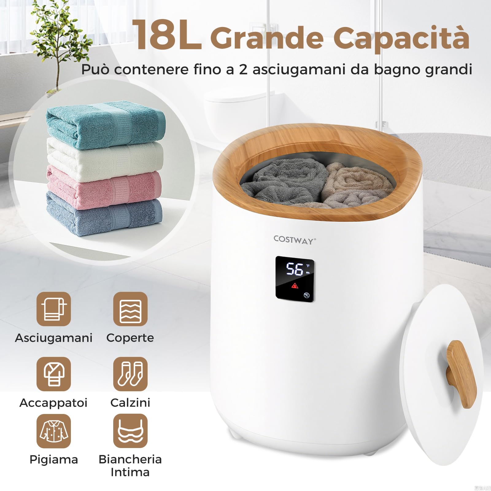 COSTWAY Scalda Asciugamani per Bagno, Scaldabiancheria Grande da 18 L con Schermo LED e Spegnimento Automatico, Secchio Portatile per Asciugamani Caldi per Asciugamani, Accappatoi e Coperte