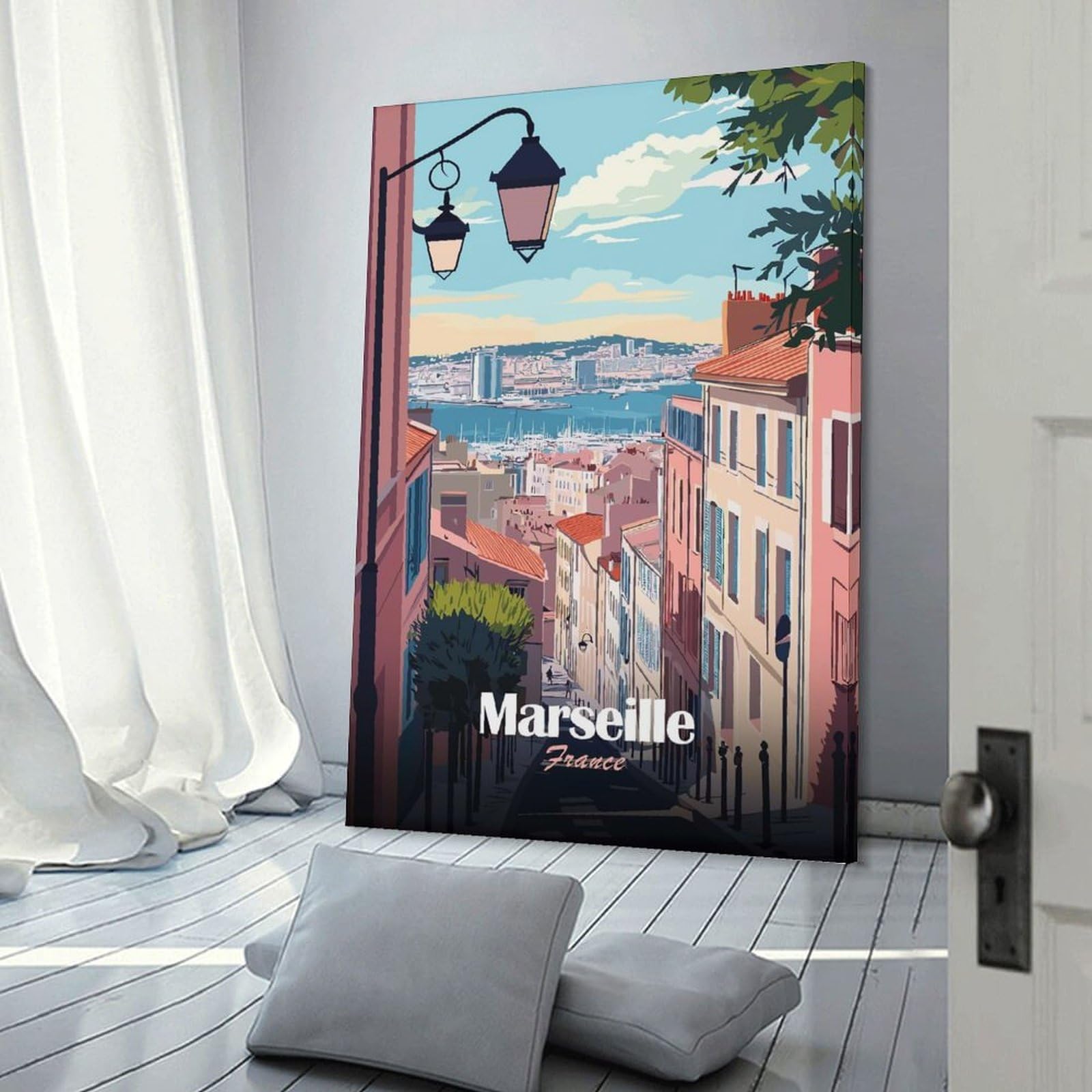 Junmoney Marseille France Cityscape Travel Canvas Wall Art 24x36inch(60x90cm), for Study, Office Or Focused Interiors, Home Office Artwork with Decorative Appeal