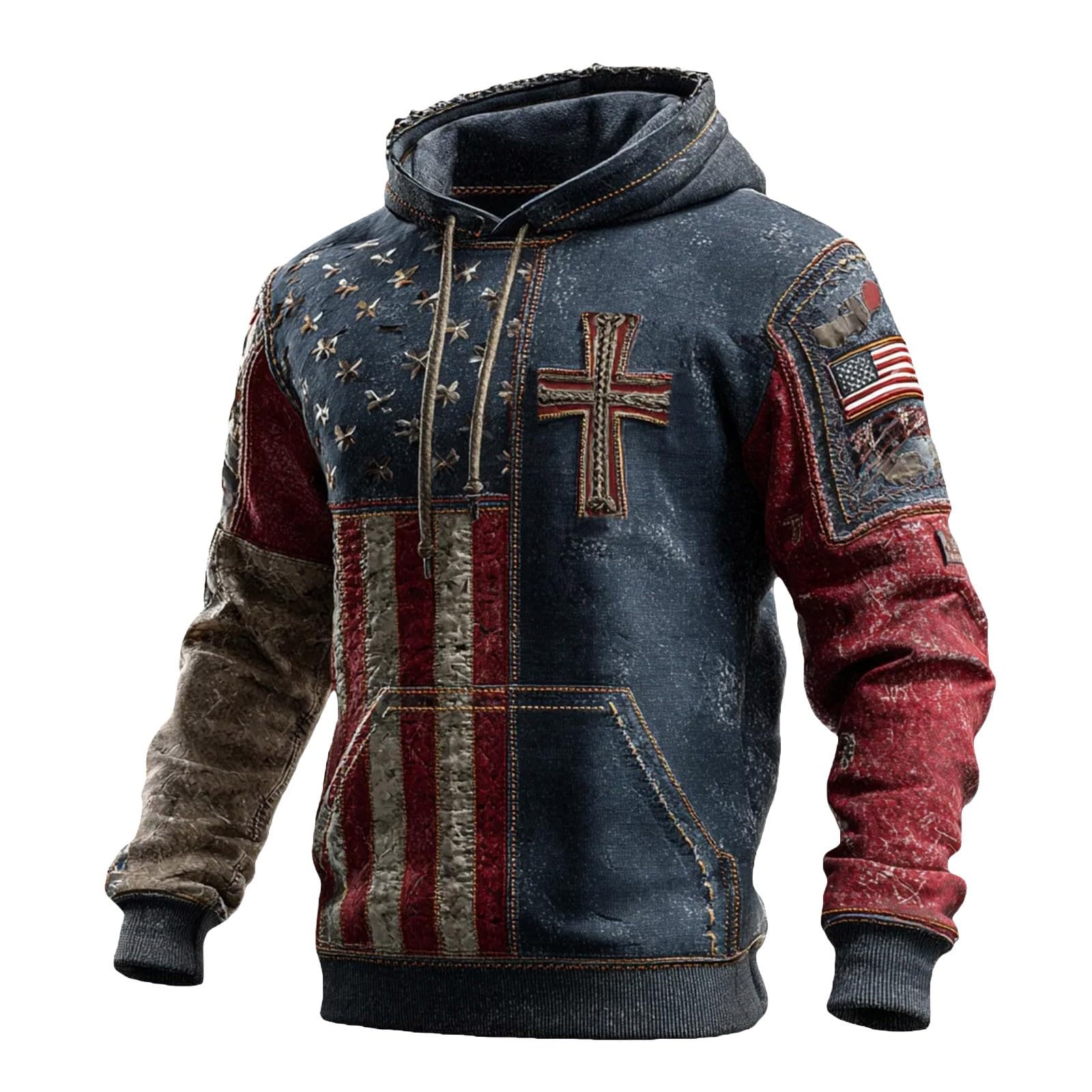 Sudadera Béisbol Hombre Informal con Capucha Y Bandera Estadounidense para Hombre, De Manga Larga, Mensaje Adoración A Dios, Estilo Retro, Texto Amo (Dark Blue, XXXL) Mangas El Sol
