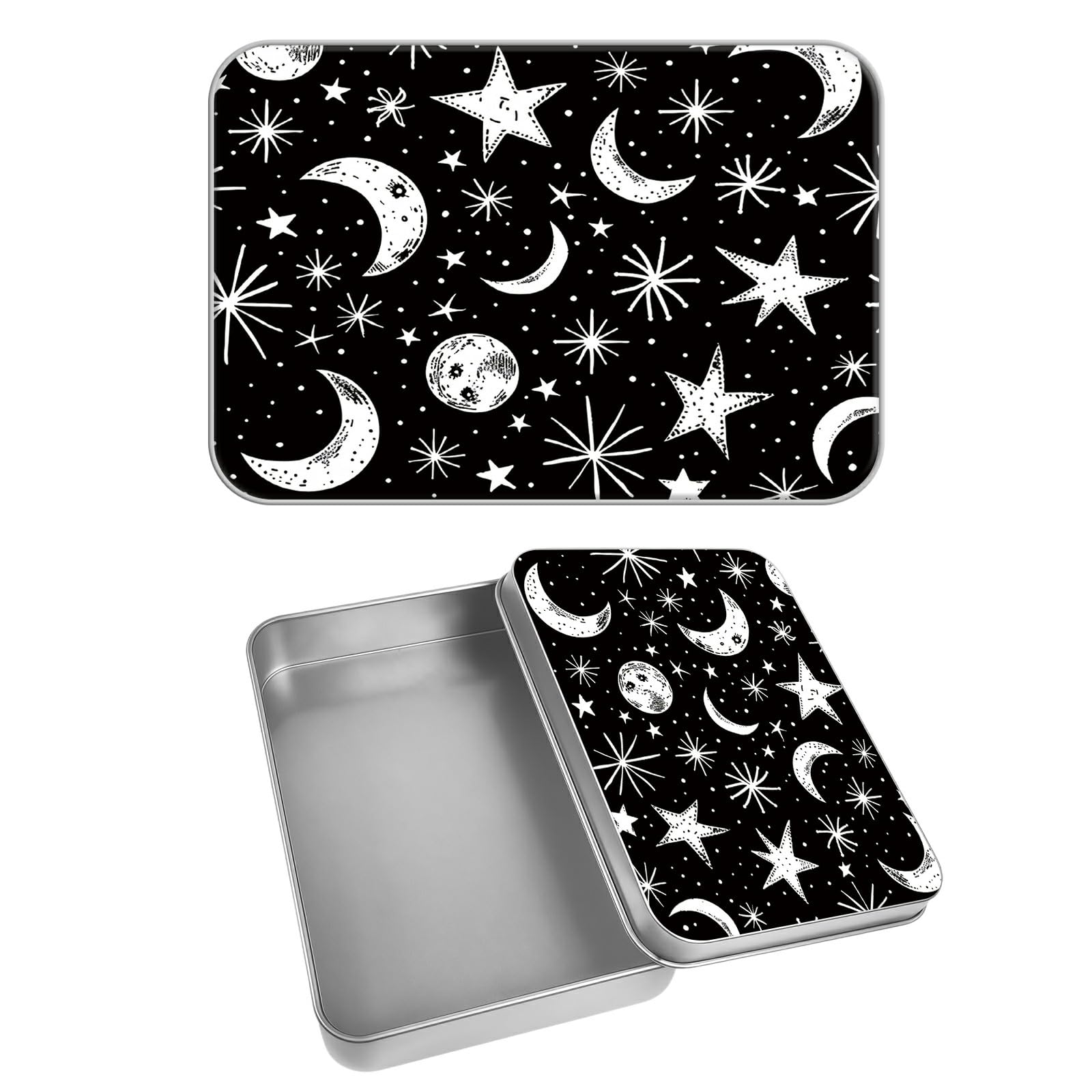 Rectangular Metal Tin Box with Removable Lid, Moon Stars Decorative Printed Metal Storage Container for Cash Ticket Credit Card Check 3.46 x 2.36 x 0.7 inch– Single Pack
