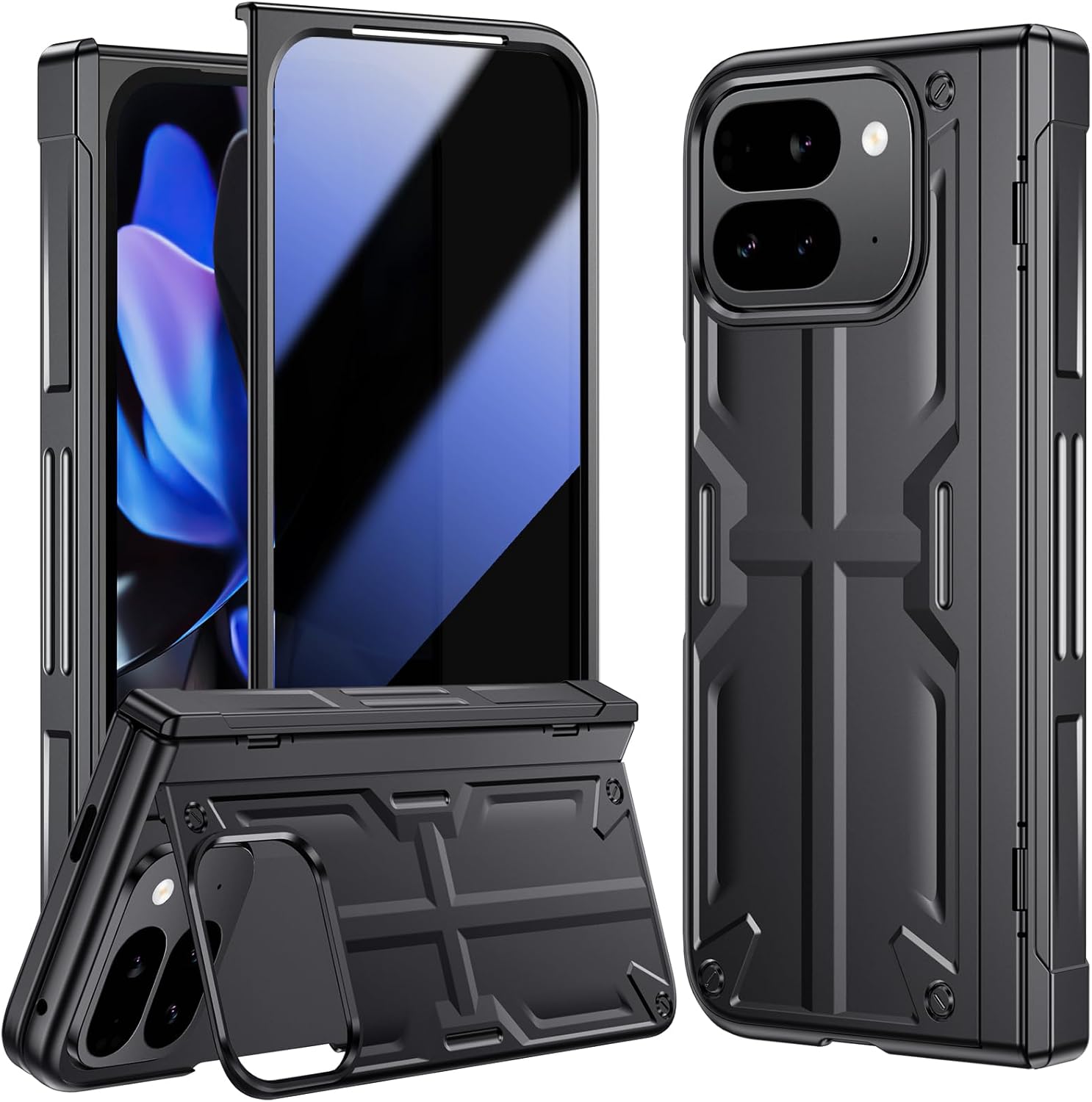 Privacy Case for Google Pixel 9 Pro Fold, with Hidden Large Kickstand, Full Hinge Protection, Anti-spy Screen Protector, 360 Degree Protection Original Slim Phone Cases for Pixel-9-Pro Fold, Black