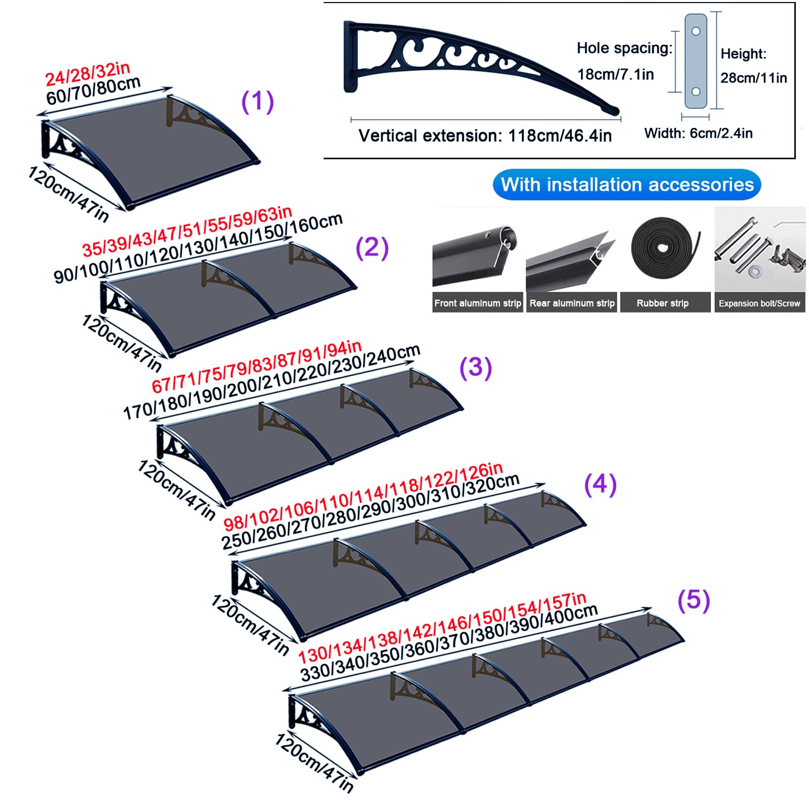 Vordach Haustürvordach,UV-Schutz vor Regen und Schnee Pultvordach,Vordach für Haustür,Pultbogenvordach,mit Schwarzer/Weißer/Grauer Halterung,Modernes Design Türvordach (120x160cm/47"x63",Gray)