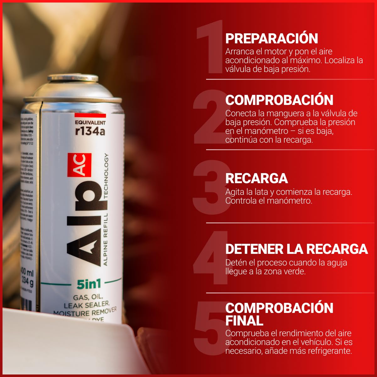 AlpAC 5in1 Kit Recarga Aire Acondicionado R134a (2x Latas + Manguera) – Gas Sustituto incl. sellador, aceite, UV y deshumidificador – Coches hasta 2016