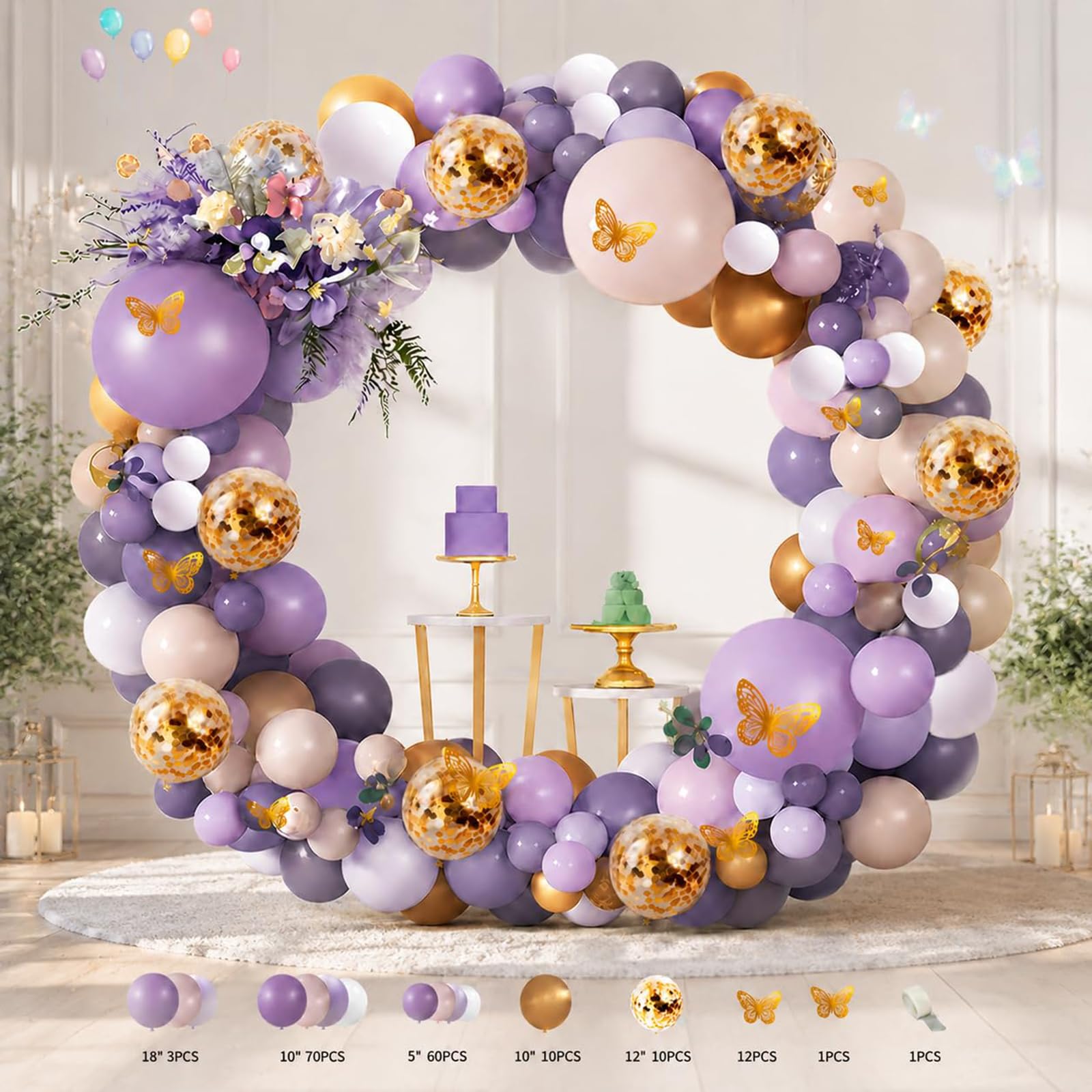 Lavender Gold Butterfly Balloon Arch Kit 167Pcs, Macaron Balloon Garland Party Decorations with Confetti Balloons, Paper Butterflies, Chain & Glue Dots for Baby Shower Wedding