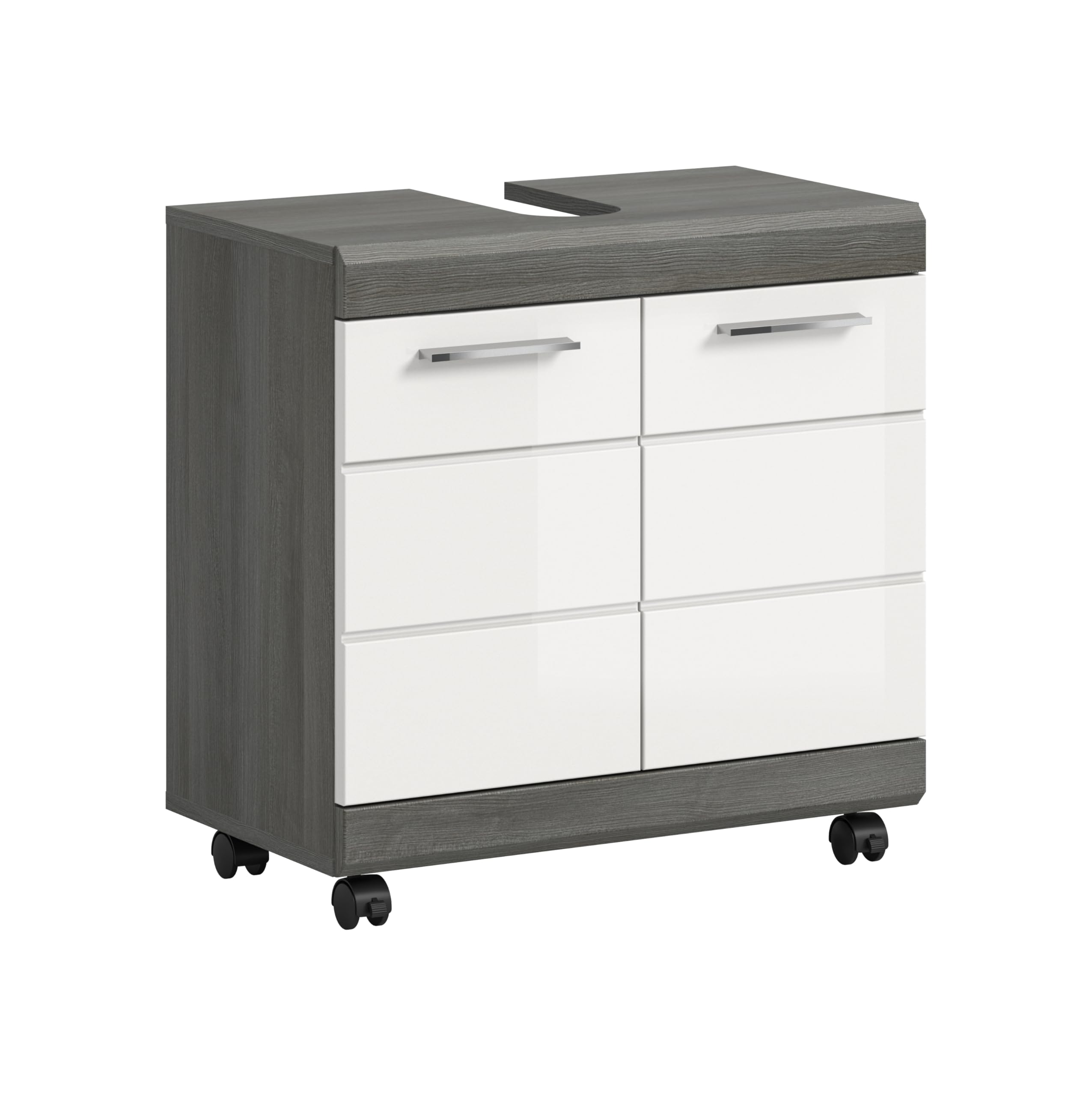 xonox.home – Waschbeckenunterschrank auf Rollen Scout 60x60x34 cm in Rauchsilber und Weiß Hochglanz – Mobiler Badschrank – Moderner Unterschrank für eine Elegante & Flexible Badaufbewahrung