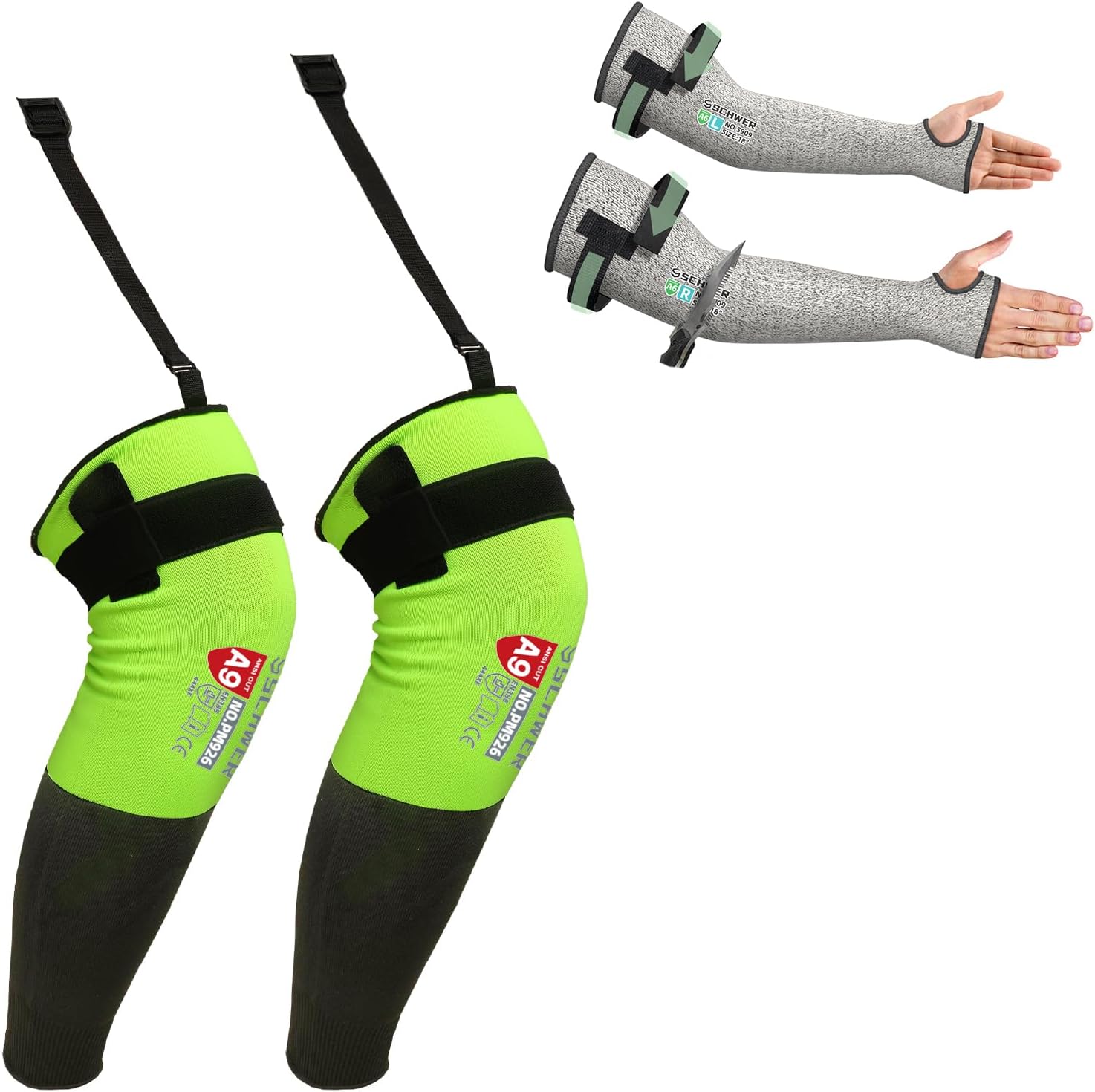 Schwer 18inch PRO-SKIN ANSI A6 Cut Resistant Sleeves With 2.0 Detachable Hook and Loop Straps, 21.6 Inch ANSI A9 Cut Resistant Leg Sleeves for Men and Women