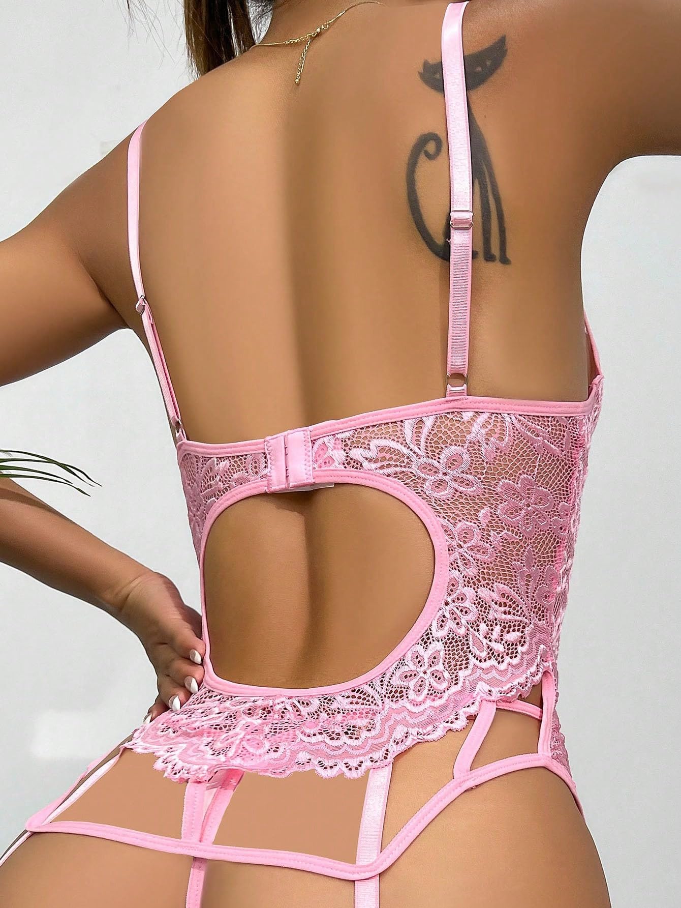 WBDWWTD Komplety bielizny damskiej Seksowne - Miękkie, kwieciste koronkowe body z mankietami na udach Stringi Bielizna Teddy Babydoll Pas do pończoch, 65% bawełna 35% poliester Sznurowane, drążone